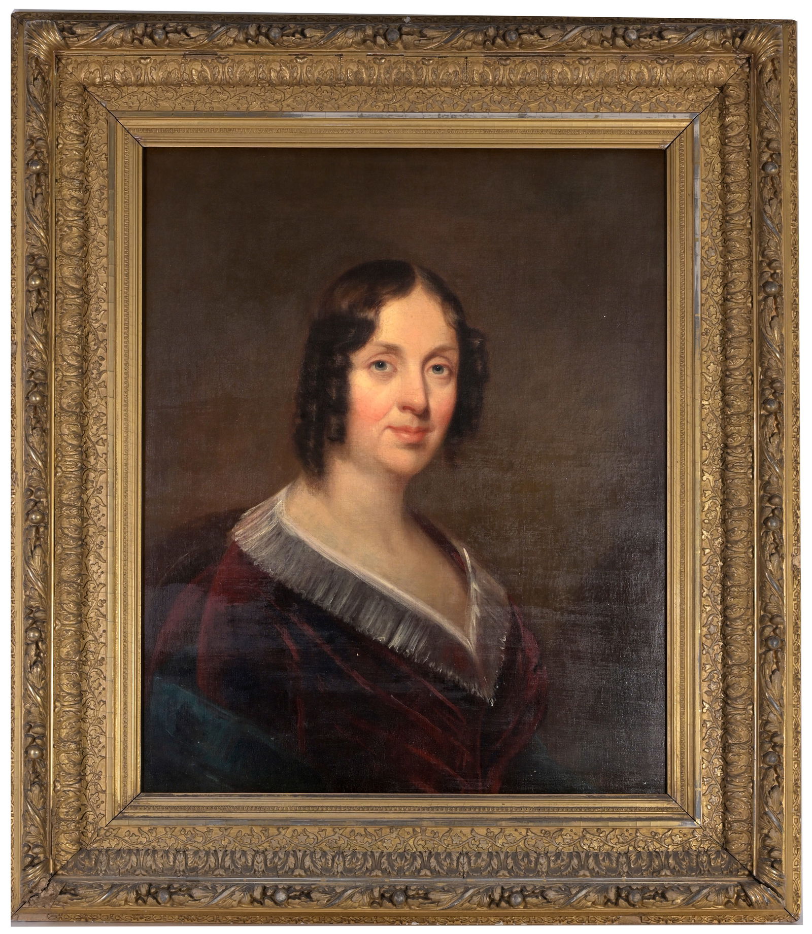 American School, 19th C. Portrait of a Woman: American School, 19th C. Portrait of a Woman (Sara Hurd Phillips Gray -inscribed verso). Oil on canvas. Housed in an elaborate gilt/wood exhibition frame. Old label verso. Provenance: From the Estate