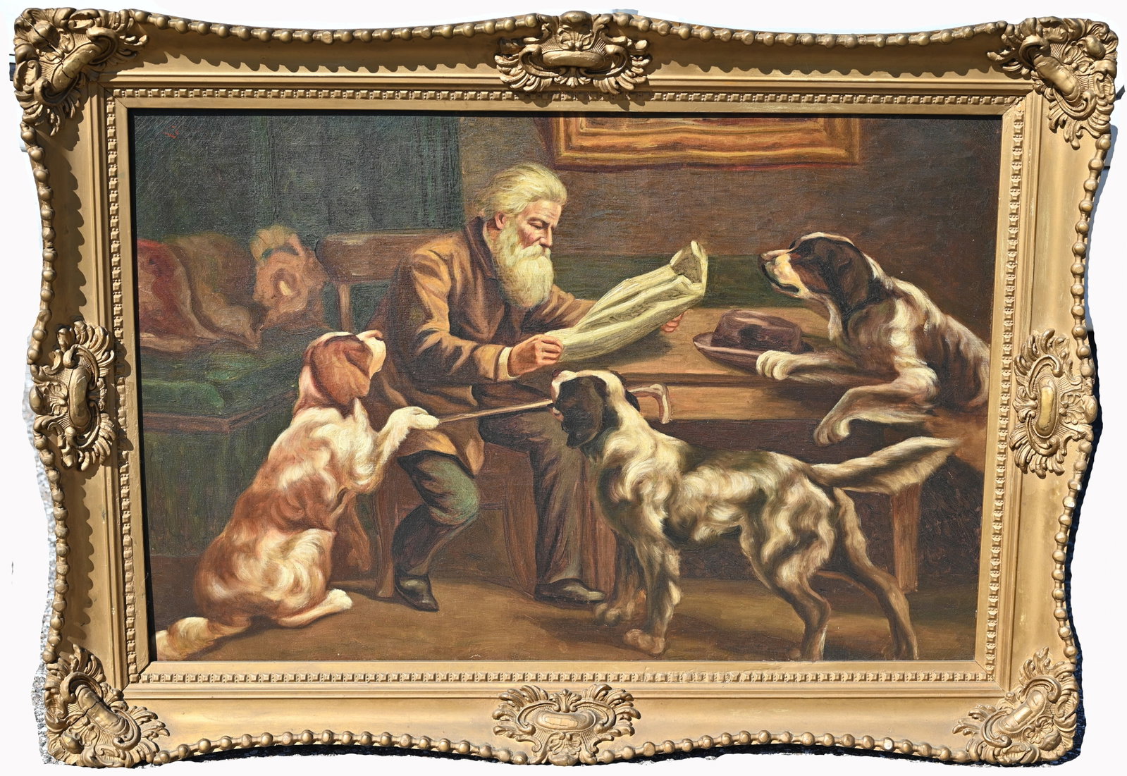 European School, Man and Dogs: European School, Man and Dogs Oil on Canvas. Signed upper left. Sight Size: 20 x 30 in. Overall Framed Size: 26 x 36 x 3 in.