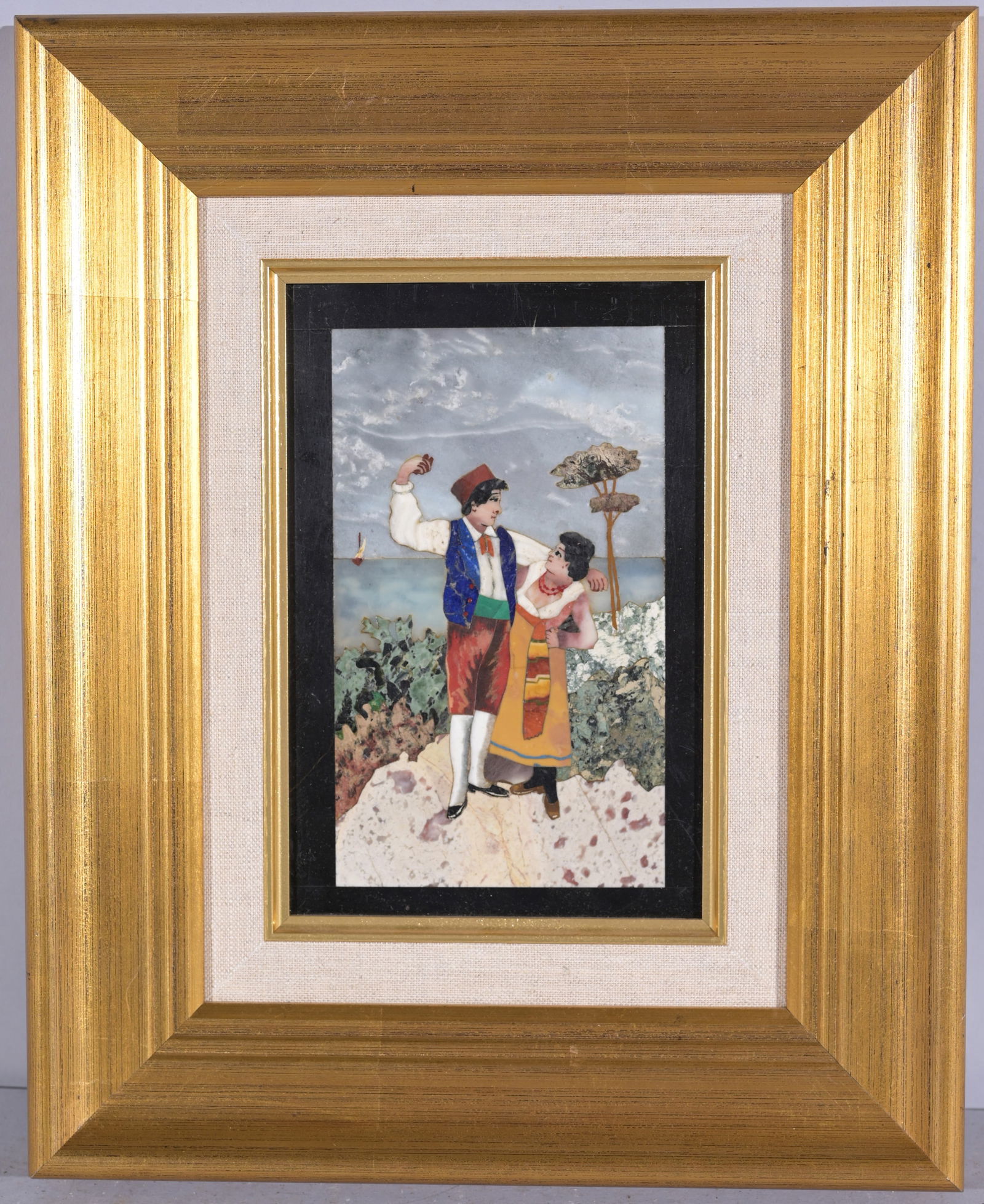 Pietra Dura Plaque: Pietra Dura Plaque Sight Size: 7 x 5 in. Overall Framed Size: 13 x 11 in.