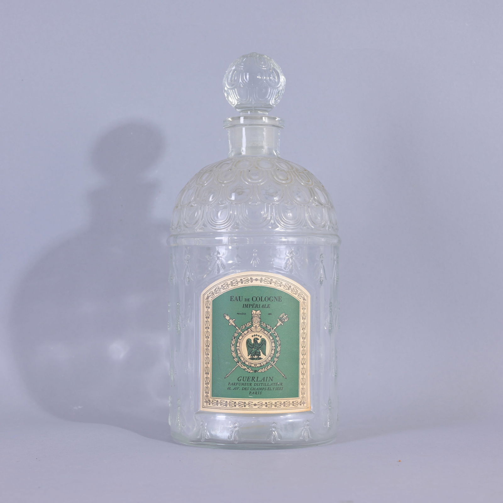 Guerlain 'Veritable' Perfume Bottle: Guerlain 'Veritable' Perfume Bottle - Imperiale, glass flacon with bees and original green label. Large. (Guerlain - 8)