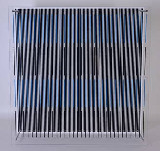 Jesus Soto (1923 - 2005) "Tes azules y negras": Jesus Rafael Soto (Venezuelan, 1923 - 2005) Title: "Tes azules y negras" - 1979 (Sintesis Series) Medium: Silkscreen on plexiglass with metal rods. Label verso with name, title, signature and numbered