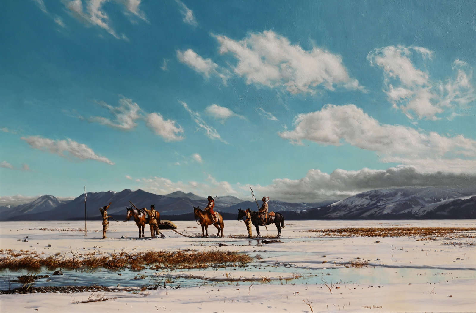 Harl Nobles (American, 20th C.) "Hunting Party": Harl Nobles (American, 20th C.) "Hunting Party" Oil on Board. Signed lower right. Sight Size: 20 x 30 in. Overall Framed Size: 26 x 36 in.