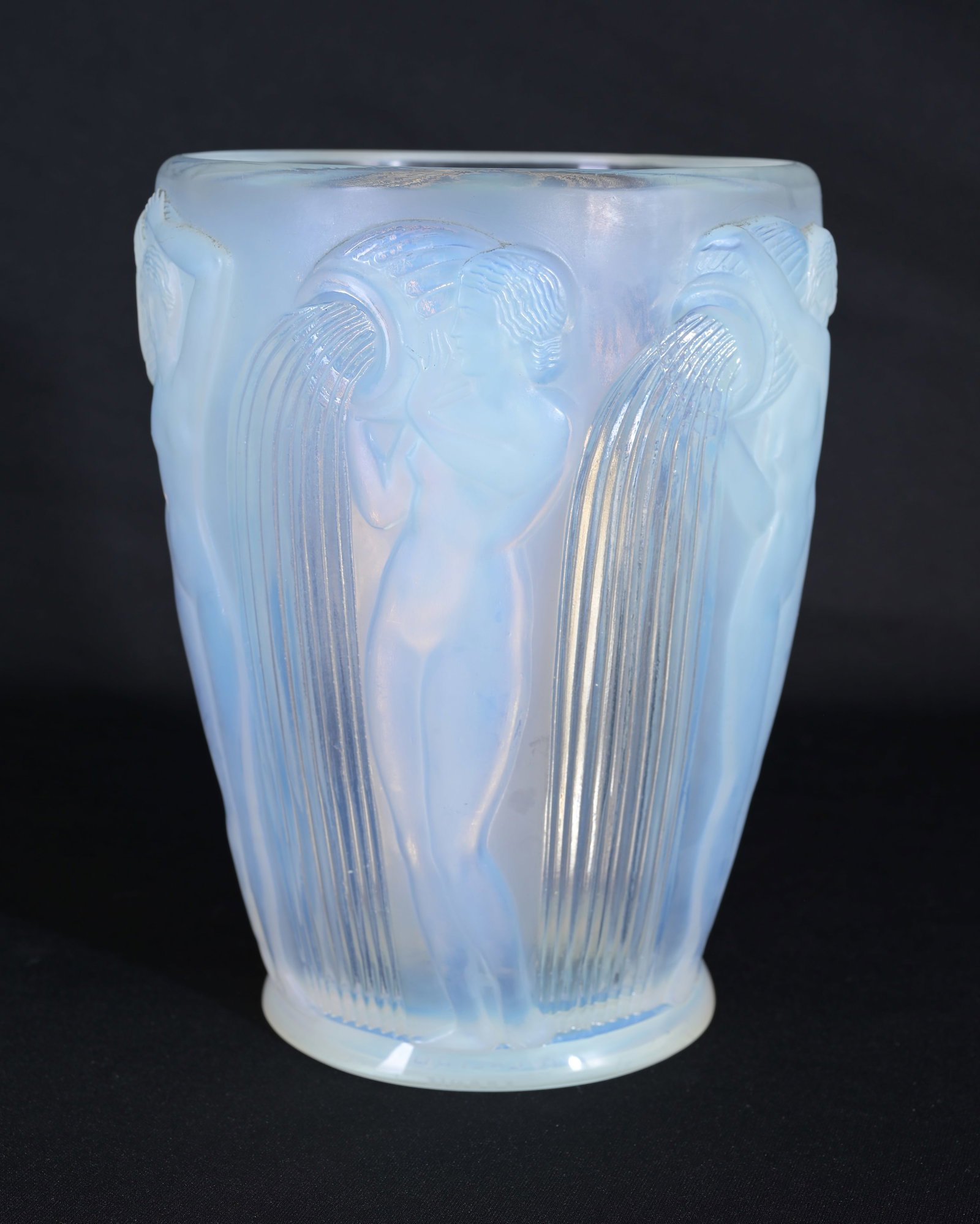 Rene Lalique 'Danaides' Opalescent Vase: Rene Lalique 'Danaides' Vase. Decorated with nude female type figures pouring water from large shoulder jugs. Signed on base. model 972, designed circa 1926. Dimensions: 7 1/8 x 5 5/8 in.