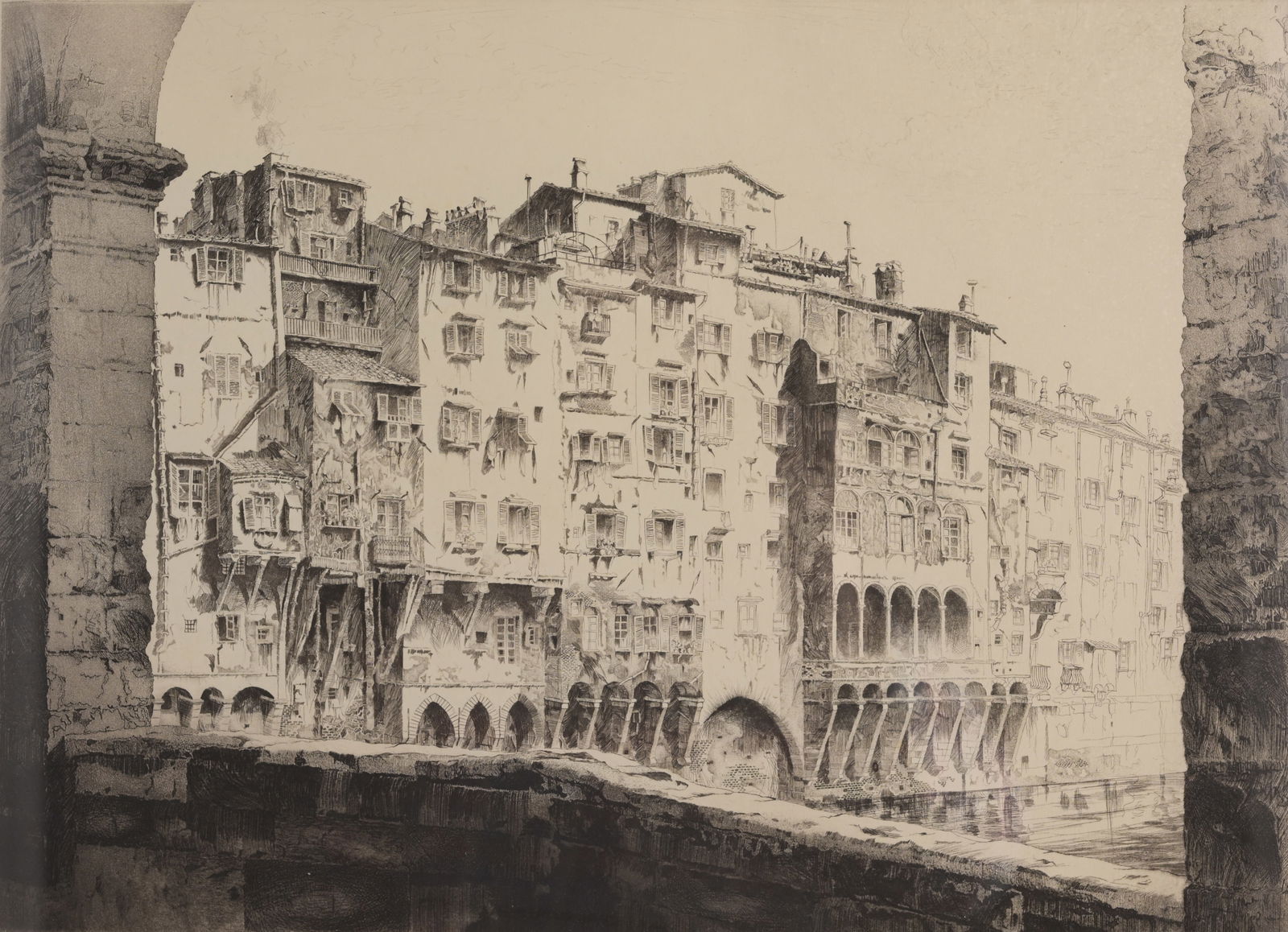 John Taylor Arms (1887-1953)From the Ponte Vecchio: John Taylor Arms (1887 - 1953) "From the Ponte Vecchio" Original etching. Pencil signed, dated 1925 and inscribed "To my friends Luis and Sonia Mora with affectionate regards John Taylor Arms" in lowe
