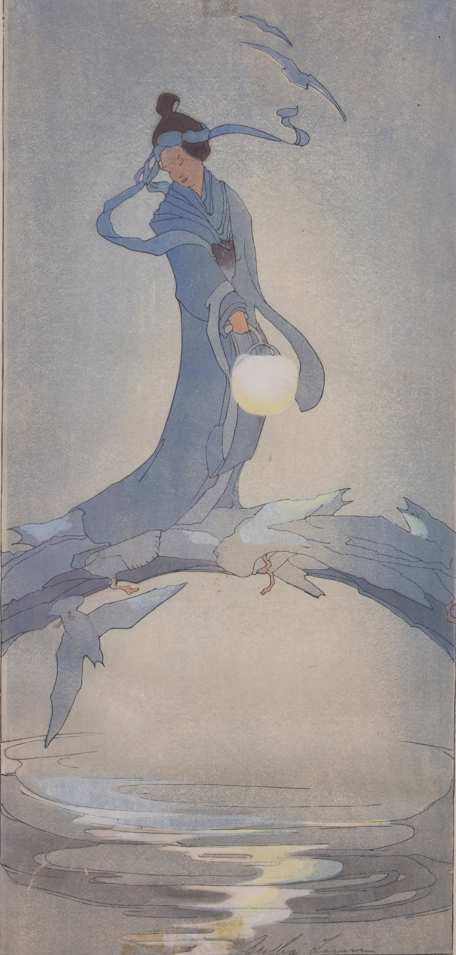 Bertha Lum (1879 - 1954) "Tanabata": Bertha Lum (American, 1869 - 1954) "Tanabata" Color Woodcut. Pencil inscribed lower margin. Inscpirtion verso on backing. Image Size: 15 x 7 in. Overall Framed Size: 20.5 x 12.5 in. Framed behind glas