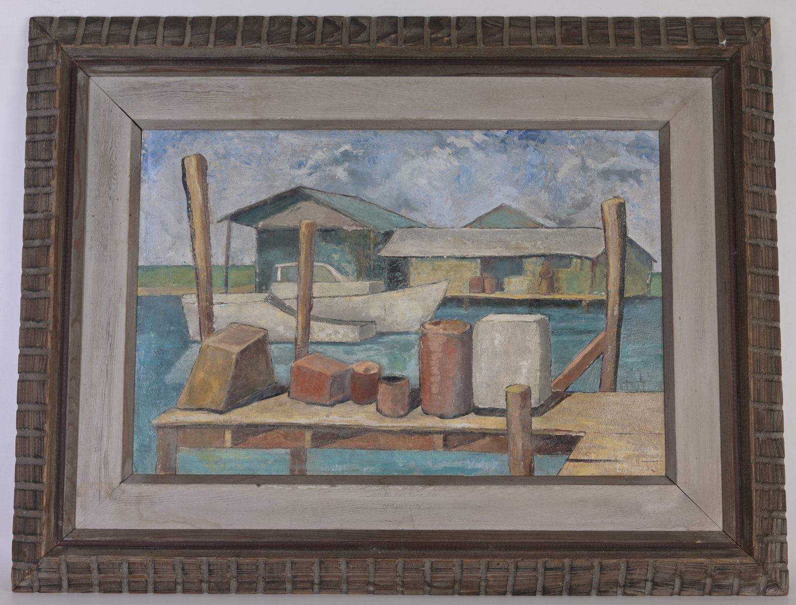 Elsie Dorey Upham (1907 - 1991)Naples FL: Elsie Dorey Upham (American/Florida, 1907 - 1991) "Comb's Fish House - 1950s" Naples, FL Oil on Board. Signed lower right. Sight Size: 19.5 x 29.5 in. Overall Framed Size: 32 x 42 in.