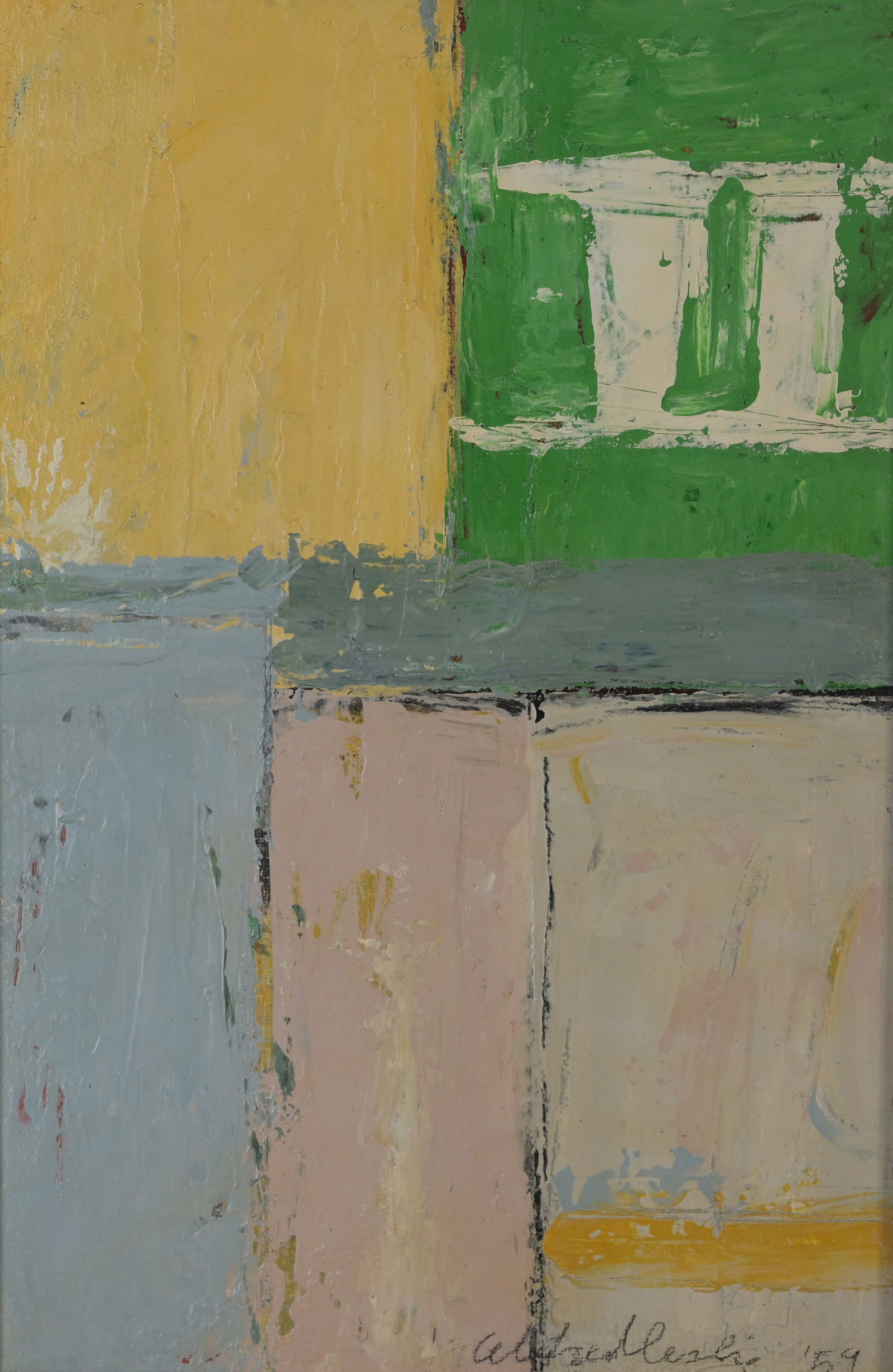 Alfred Leslie (American, 1927 - 2023): Alfred (lLippitz) Leslie (New York, 1927 - 2023) Untitled. Oil on Canvas. Signed 'Alfred Leslie '59' lower right. Image Size: 11.25 x 7.5 in. Overall Framed Size: 18 x 14.25 x 1.75 in. Framed behind g