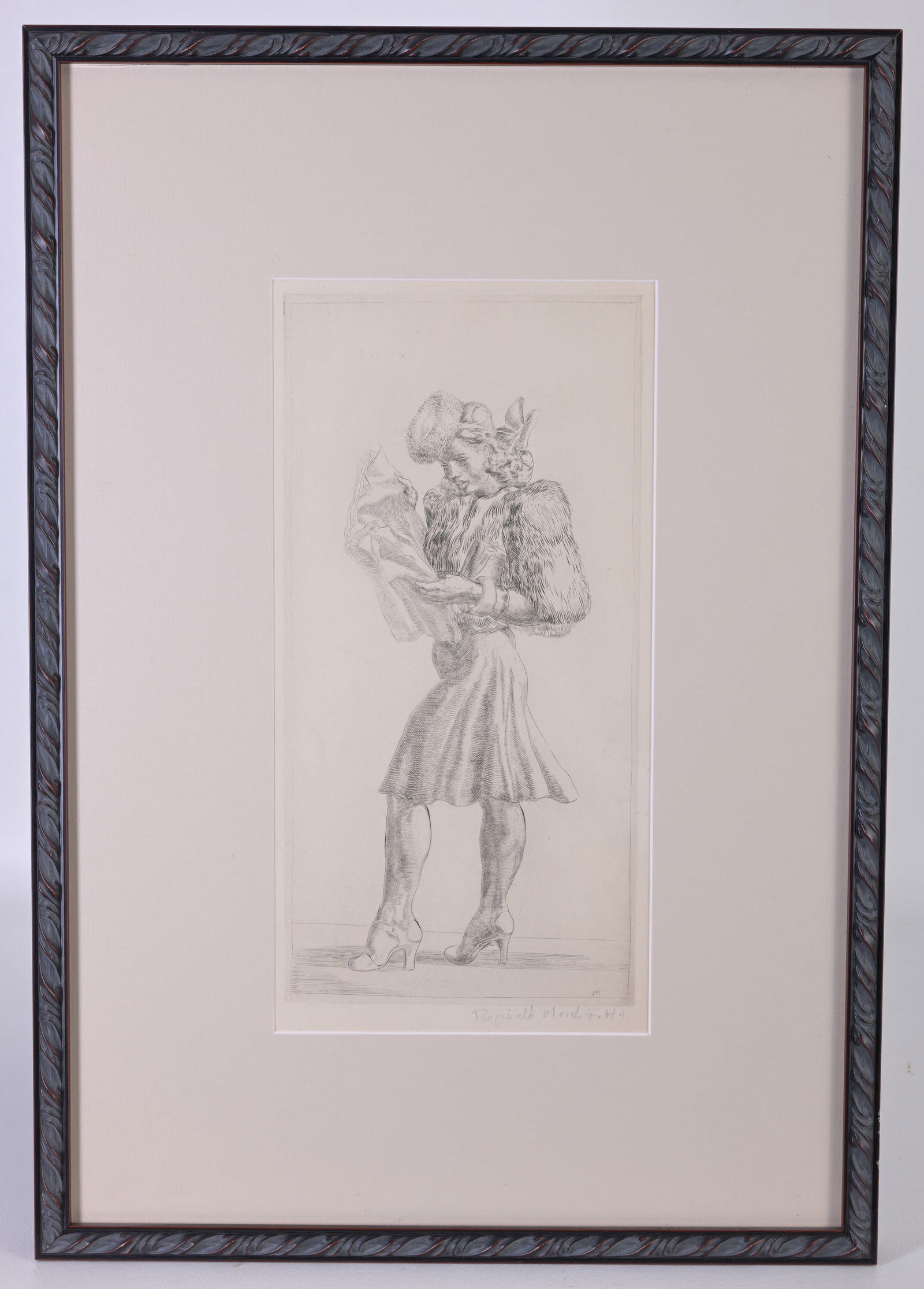 Reginald Marsh (1898 - 1954) "Girl in Fur": Reginald Marsh (American, 1898 - 1954) "Girl in Fur Jacket Reading Tabloid" - 1940 Engraving on Paper. Pencil signed lower right. Plate Size: 12 x 6 in. Overall Framed Size: 20.5 x 14.25 in. Framed be