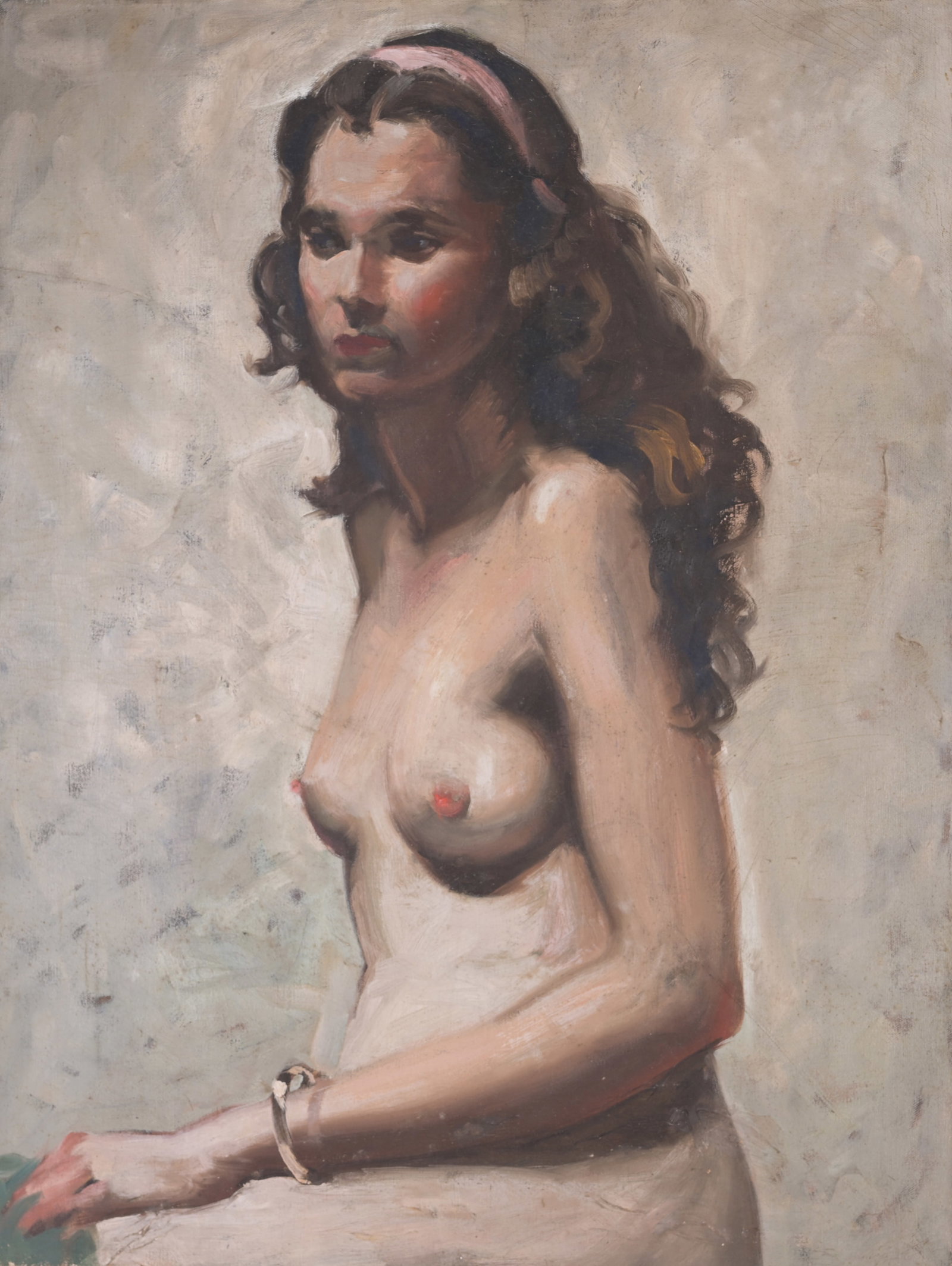 Edward Leonard (FL, NY, 1901 - 1968): Edward Leonard (FL, NY, 1901 - 1968) Oil painting on canvas depicting a seated nude. Initialed verso. Acquired directly from the artist. Size: 38 x 21 in.