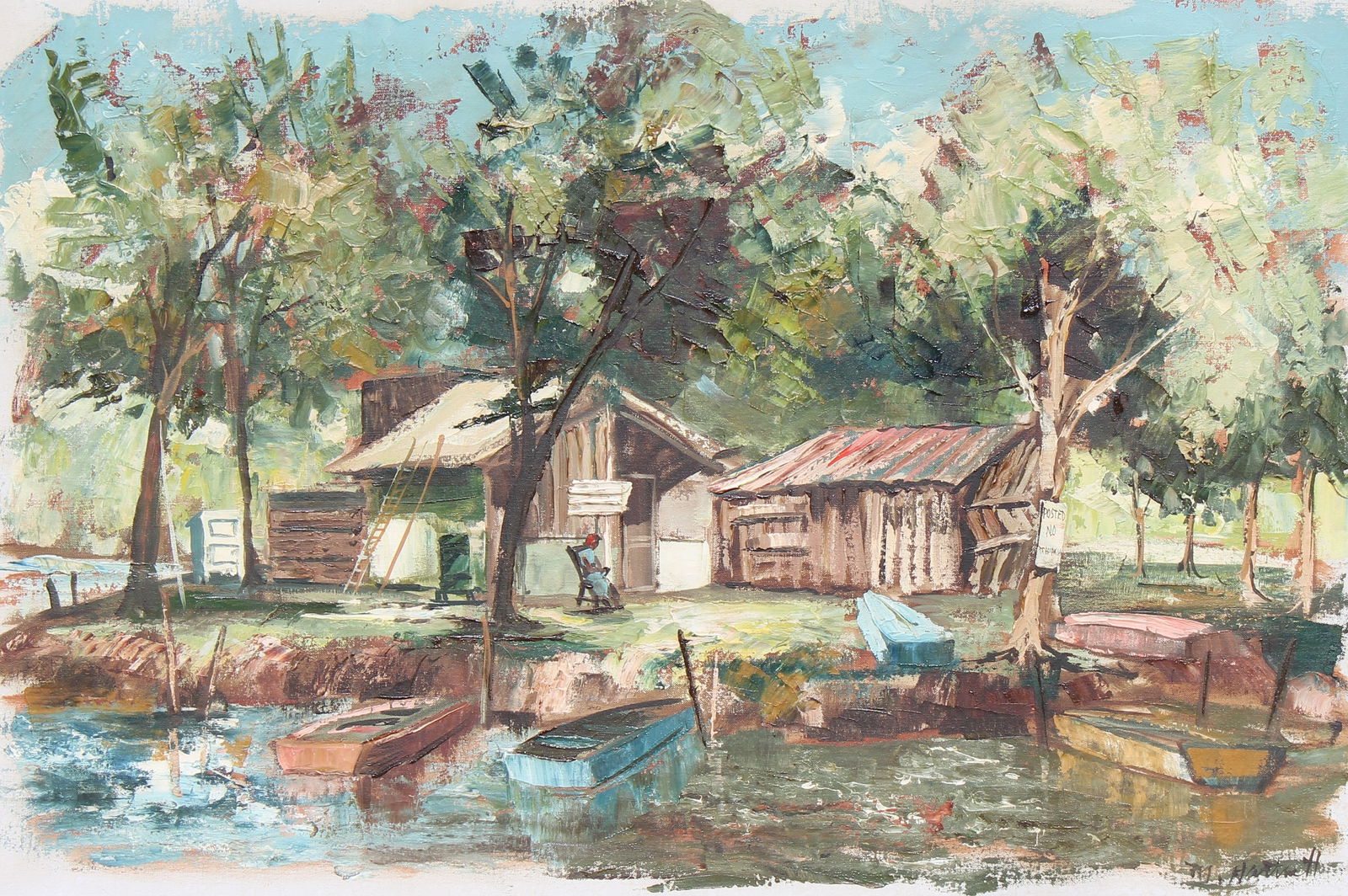 M. Hartnett "Gator's Shack", Louisiana Painting: Maggie Hartnett (American, 20th C.) "Gator's Shack", Louisiana Signed lower right. Oil on canvas. Original Hartnett Gallery label verso. Size: 24 x 36 in. Unframed.