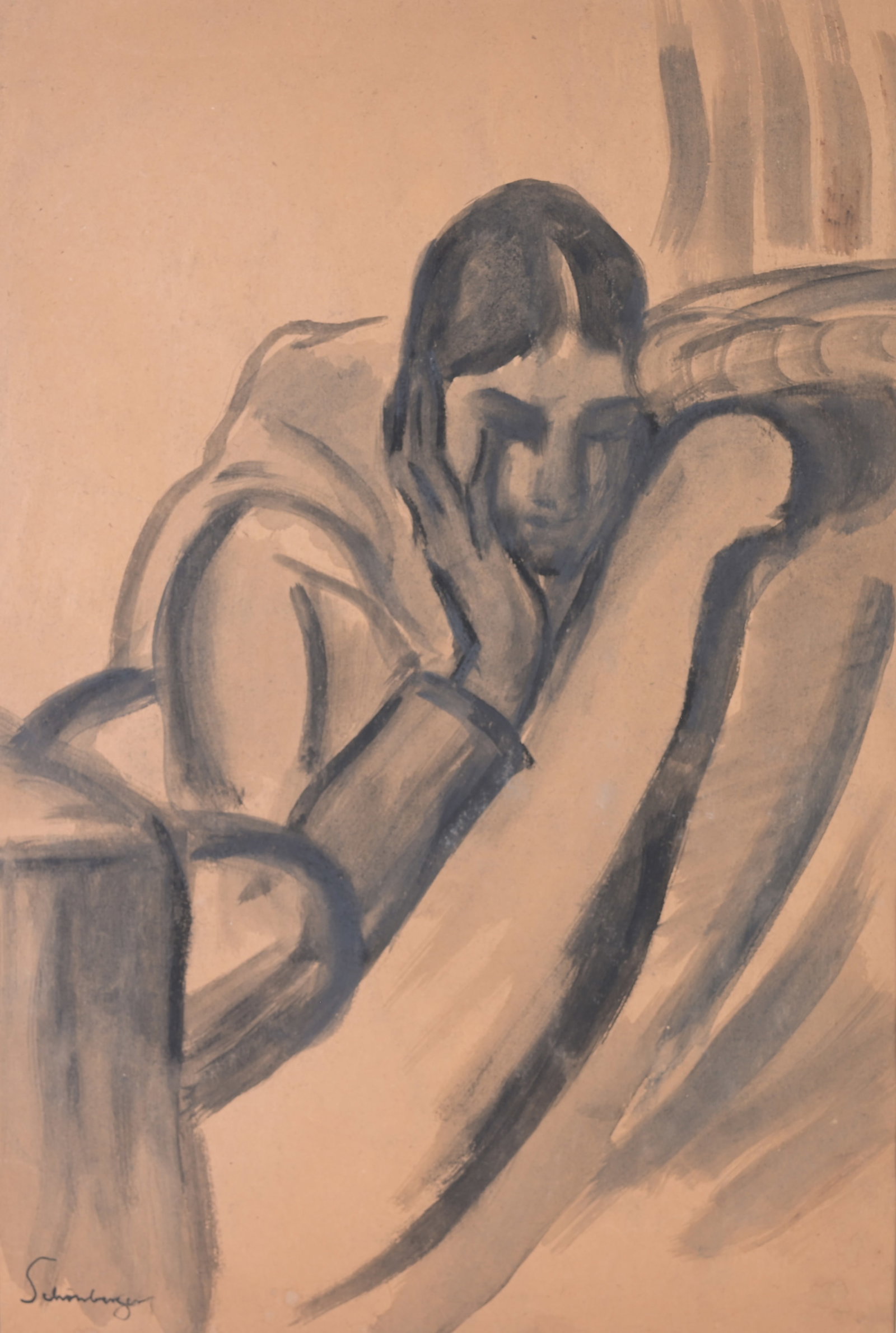 Armand Schonberger (Hungarian, 1885 - 1974): Armand Schonberger (Hungarian, 1885 - 1974) Inkwash on Paper. Signed lower left. Sight Size: 19 x 13 in. Overall Framed Size: 28.25 x 21.75 in. Framed behind glass.