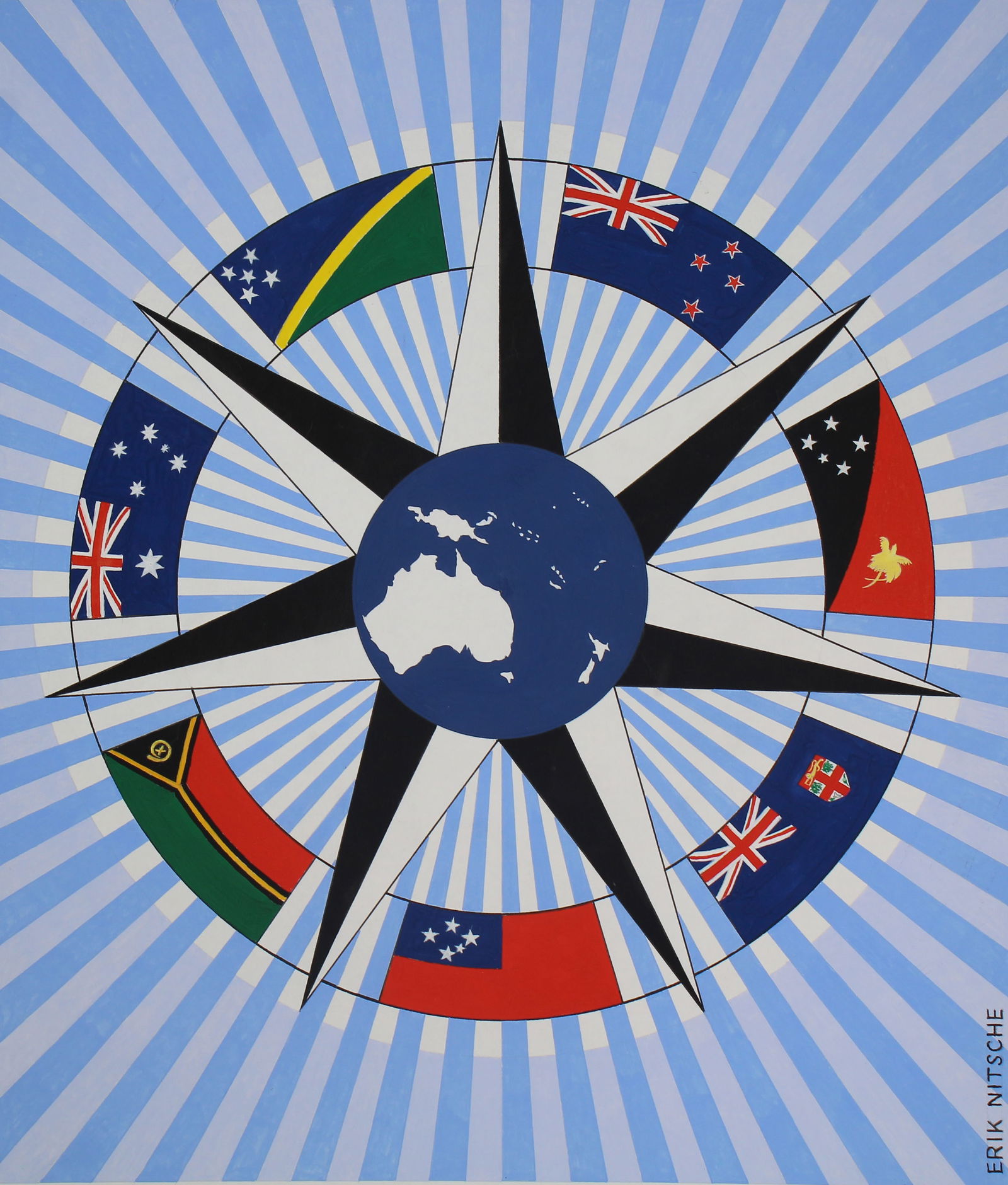 Erik Nitsche (1908 - 1998) "UN in Oceania": Erik Nitsche (Swiss, 1908 - 1998) "United Nations in Oceania" Signed lower right. Original Acrylic on Illustration Board. Provenance: Collection of James A. Helzer (1946-2008), Founder of Unicover Cor