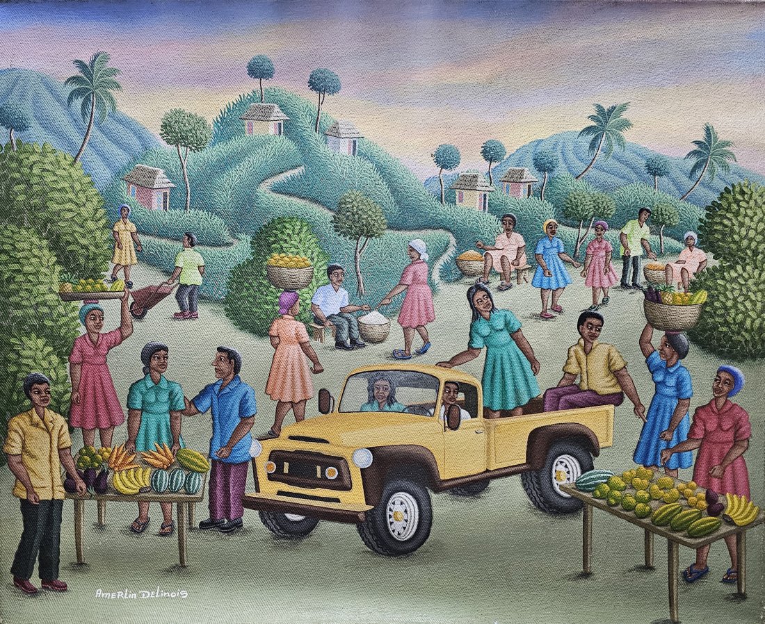 Amerlin Delinois (Haiti, B. 1958): Amerlin Delinois (Haiti, B. 1958) Oil on Canvas. Signed lower left. Size: 16 x 20 in. Unframed and unstretched.