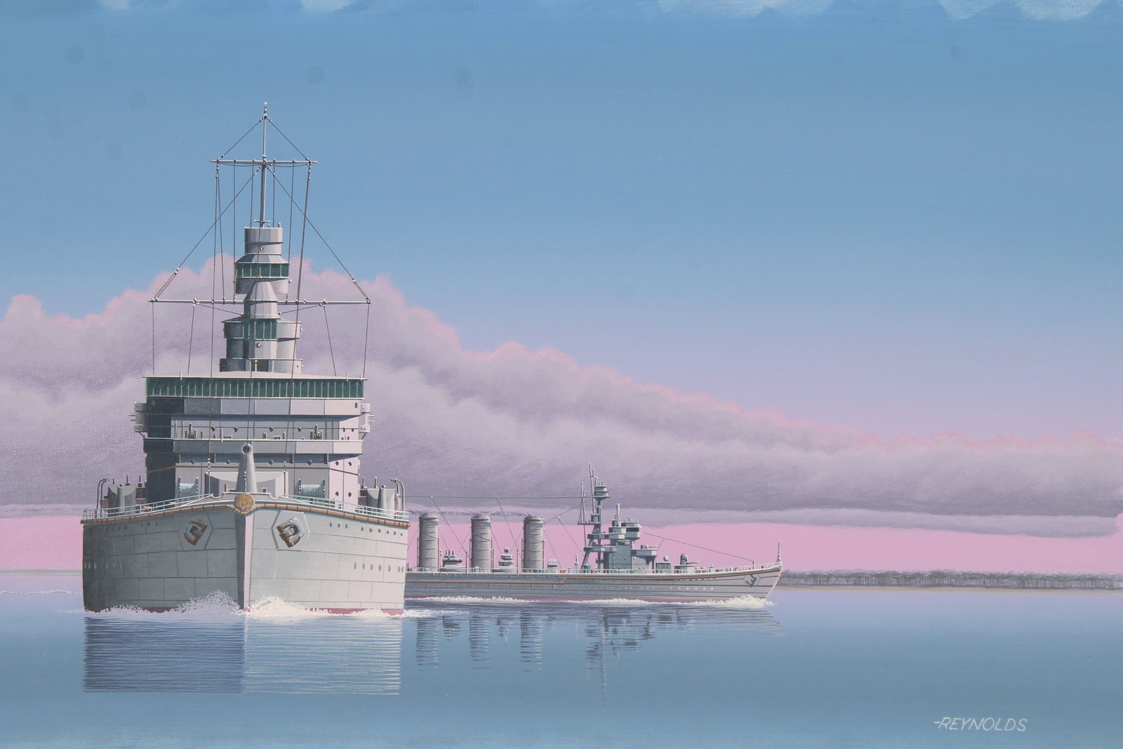 Keith Reynolds (B. 1929) "Japanese Warships": Keith Reynolds (American, B. 1929) "Japanese Warships Nagara and Isuzu" Signed lower right. Original Oil painting on Canvas Board. Provenance: Collection of James A. Helzer (1946-2008), Founder of Uni