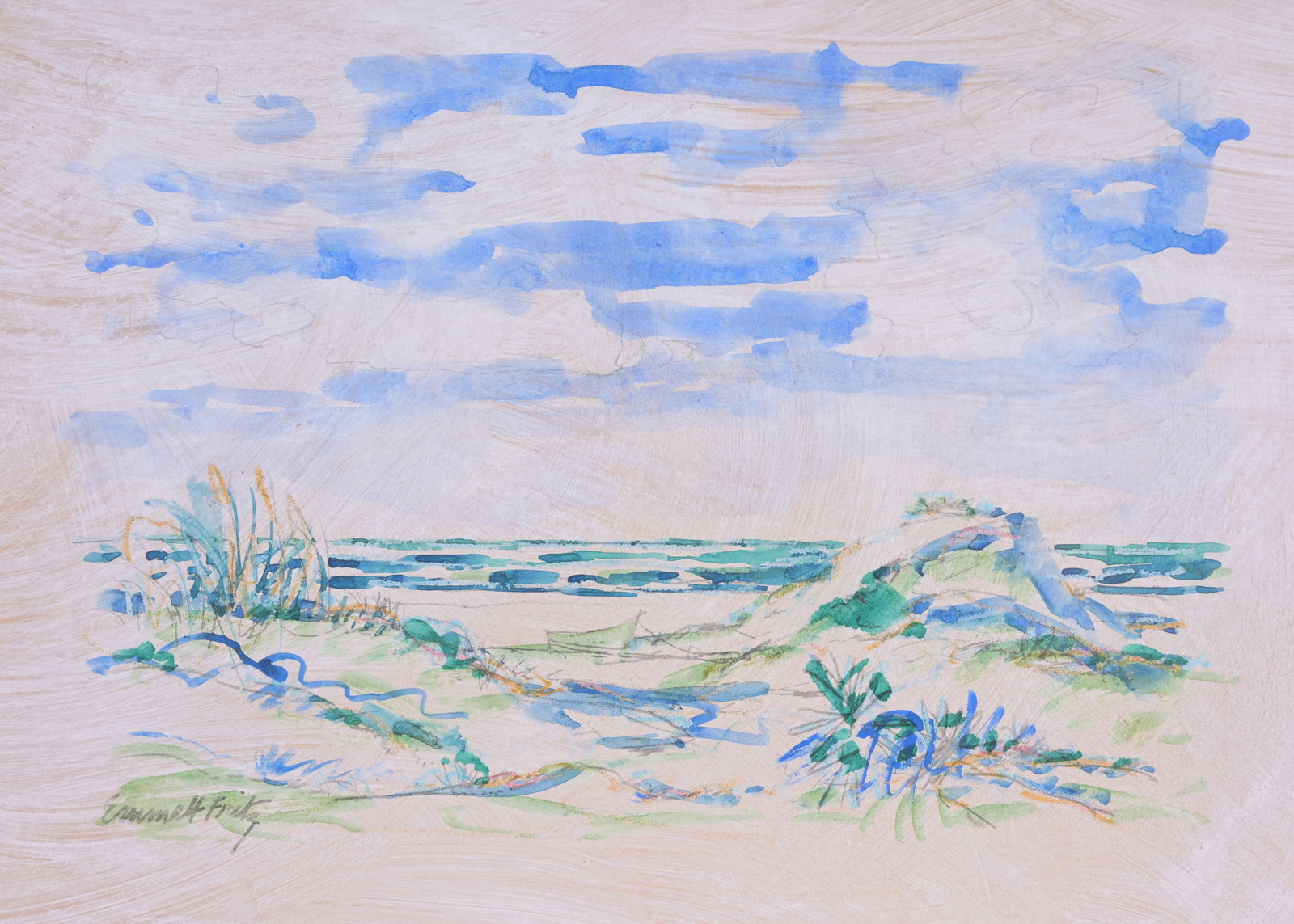 Emmett Fritz (1917 - 1995) St Augustine Beach: Emmett John Fritz (Florida, 1917 - 1995) Watercolor & Gouache on Paper. Signed lower left. Sight Size: 10 x 13 in. Overall Framed Size: 11.75 x 14.75 in. Framed behind glass.