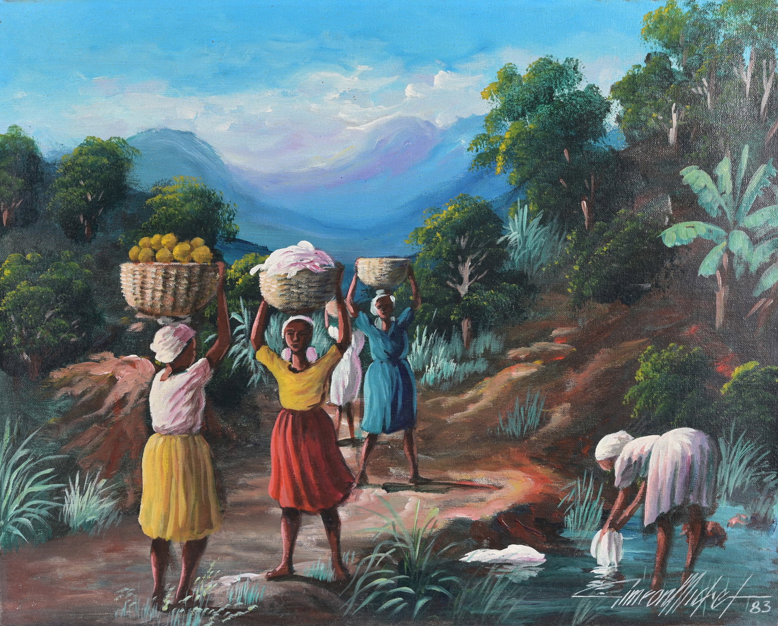 Simeon Michel (Haitian, B. 1953): Simeon Michel (Haitian, B. 1953) Image of Woman carry bundles on their heads. Oil on Canvas. Signed and dated lower right. Size: 16 x 20 in. Unframed.