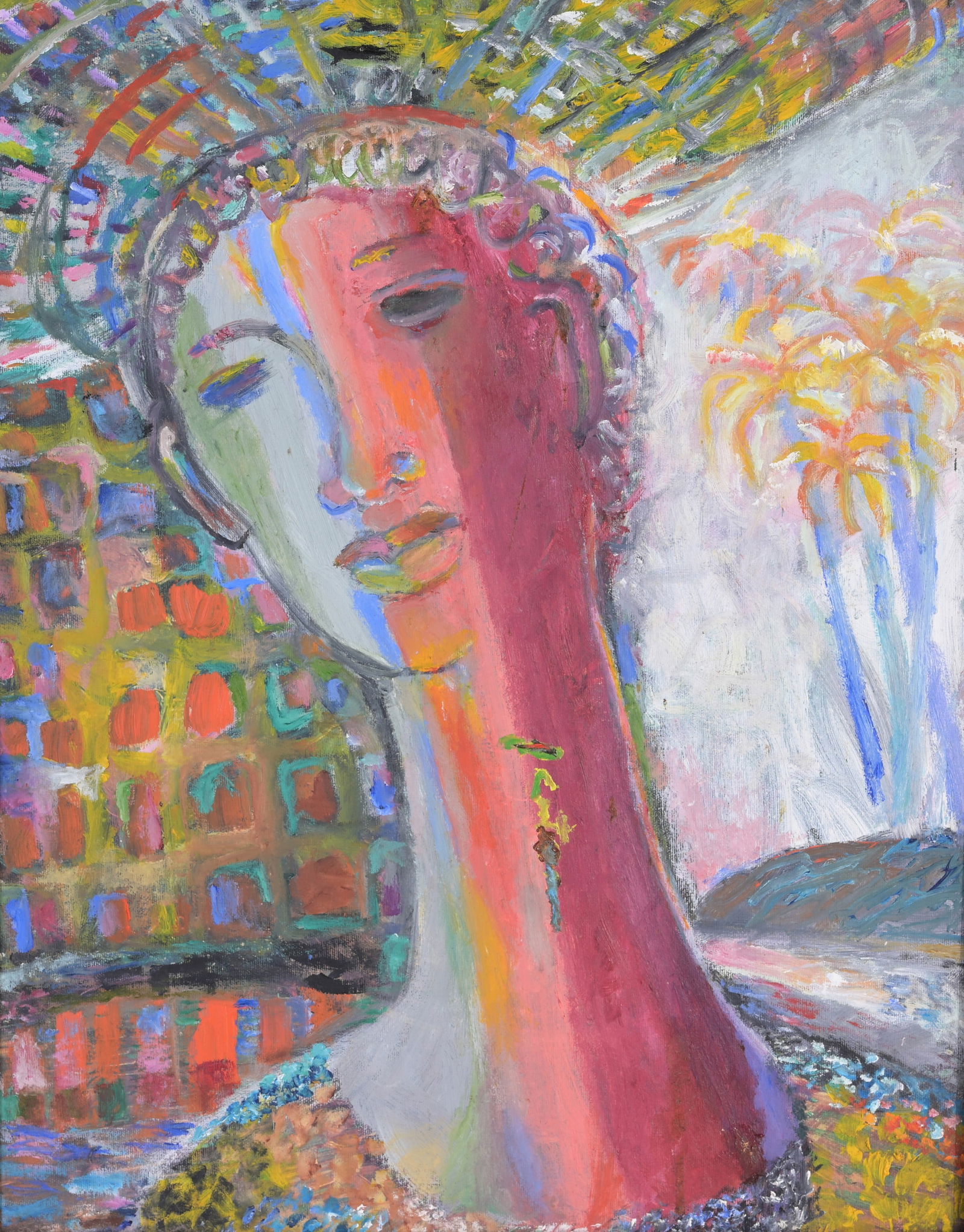 Joseph Cantave (Haitian, B. 1963): Joseph Cantave (Haitian, B. 1963) Portrait of a Woman. Oil on Board. Signed vertically along neck of figure. Sight Size: 20 x 16 in. Overall Framed Size: 22.25 x 18.25 in.