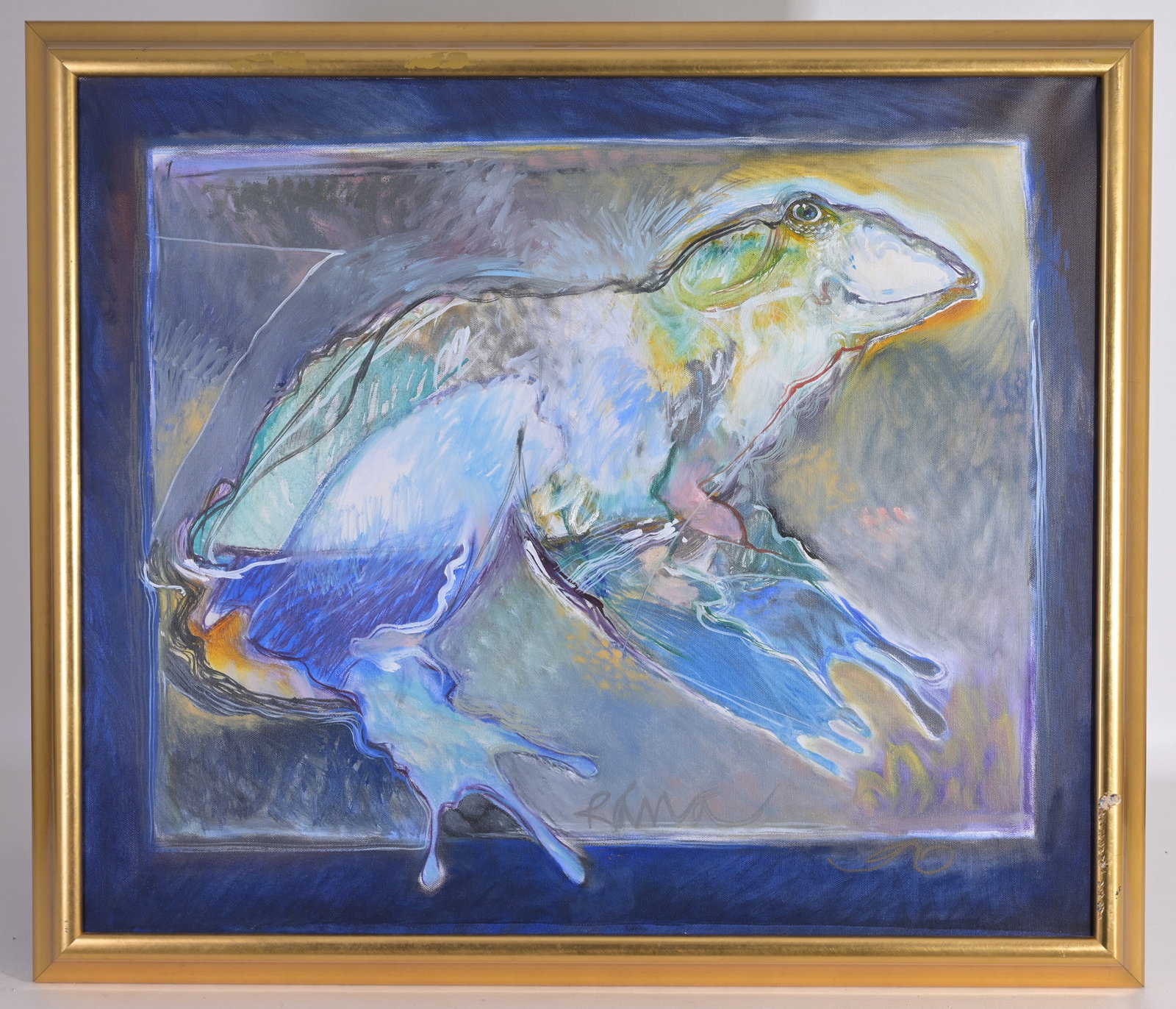 Craig Rubadoux (B. 1937) "Frog" - '94: Craig Rubadoux (Florida, B. 1937) "Frog" - '94 Oil on Canvas. Signed lower right. Inscribed verso on Canvas. Old gallery label verso. Sight Size: 22 x 26 in. Overall Framed Size: 25.5 x 29.5 x 2.5 in.