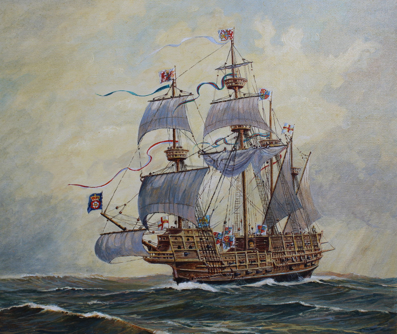 Brian Sanders (B. 1937) "The Mary Rose" Original: Brian Sanders (British, B. 1937) "The Mary Rose" Original Oil on Masonite. Provenance: Collection of James A. Helzer (1946-2008), Founder of Unicover Corporation. This painting is the original paintin