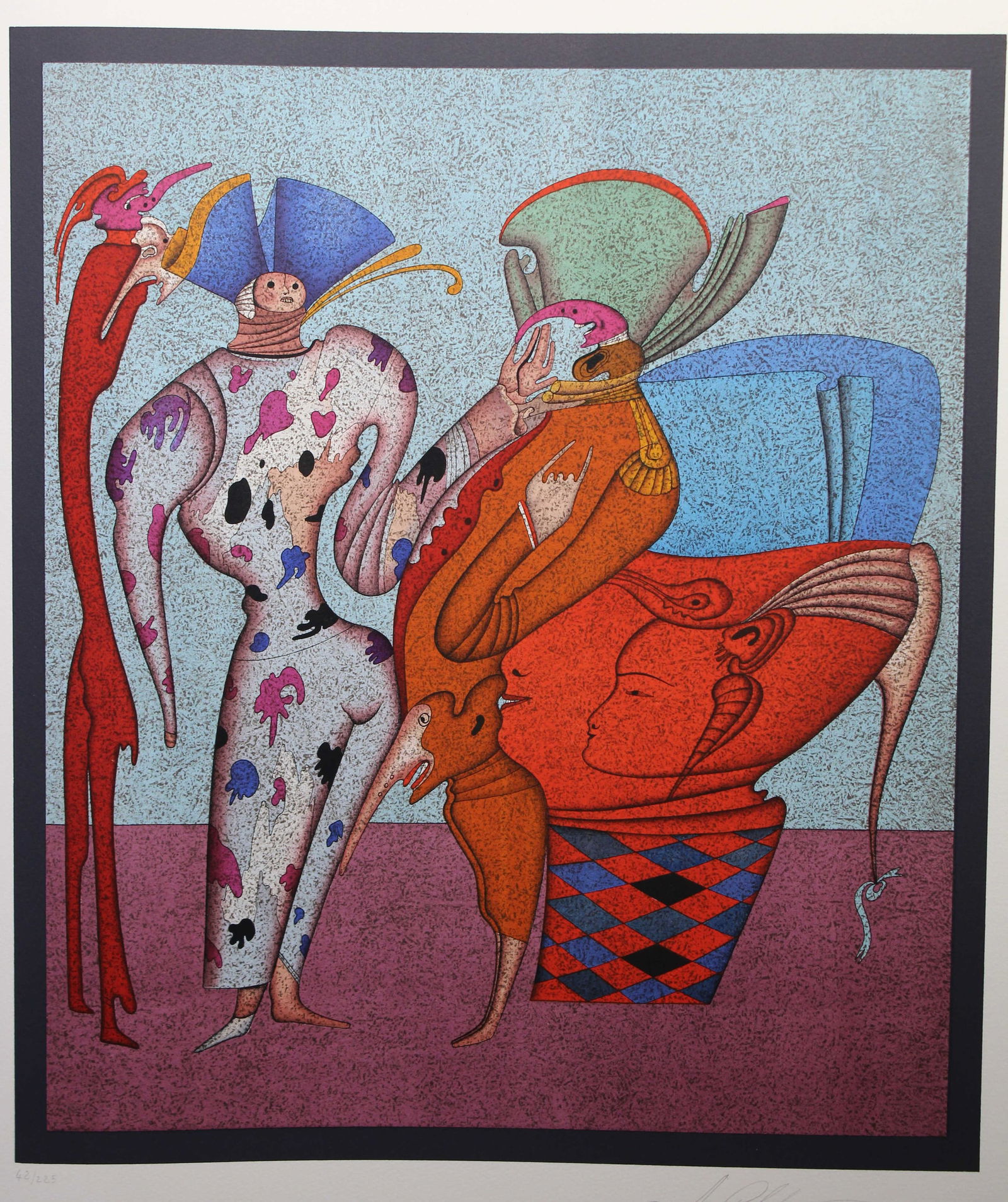 Mihail Chemiakin (B. 1943) "Untitled VII" (/225): Mihail Chemiakin (New York, Russia born 1943) "Untitled VII" Color Lithograph. Numbered (42/225) lower left. Pencil Signed lower right. Watermark "Arches France". Chemiakin's work is in the permanent