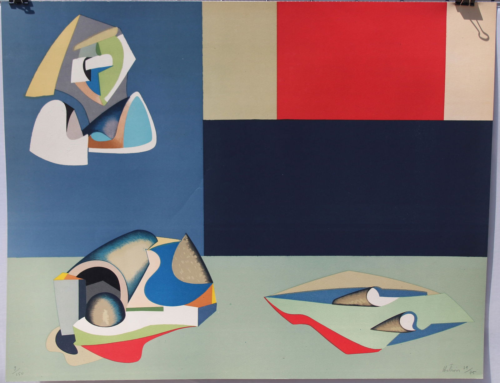 Jean Helion (French, 1904-1987) Litho (9/150): Jean Helion, (French, 1904-1987) "Composition". Color Lithograph. Pencil signed lower right. Pencil numbered (9/150) lower left. Sheet Size: 26 x 33 in. Unframed.