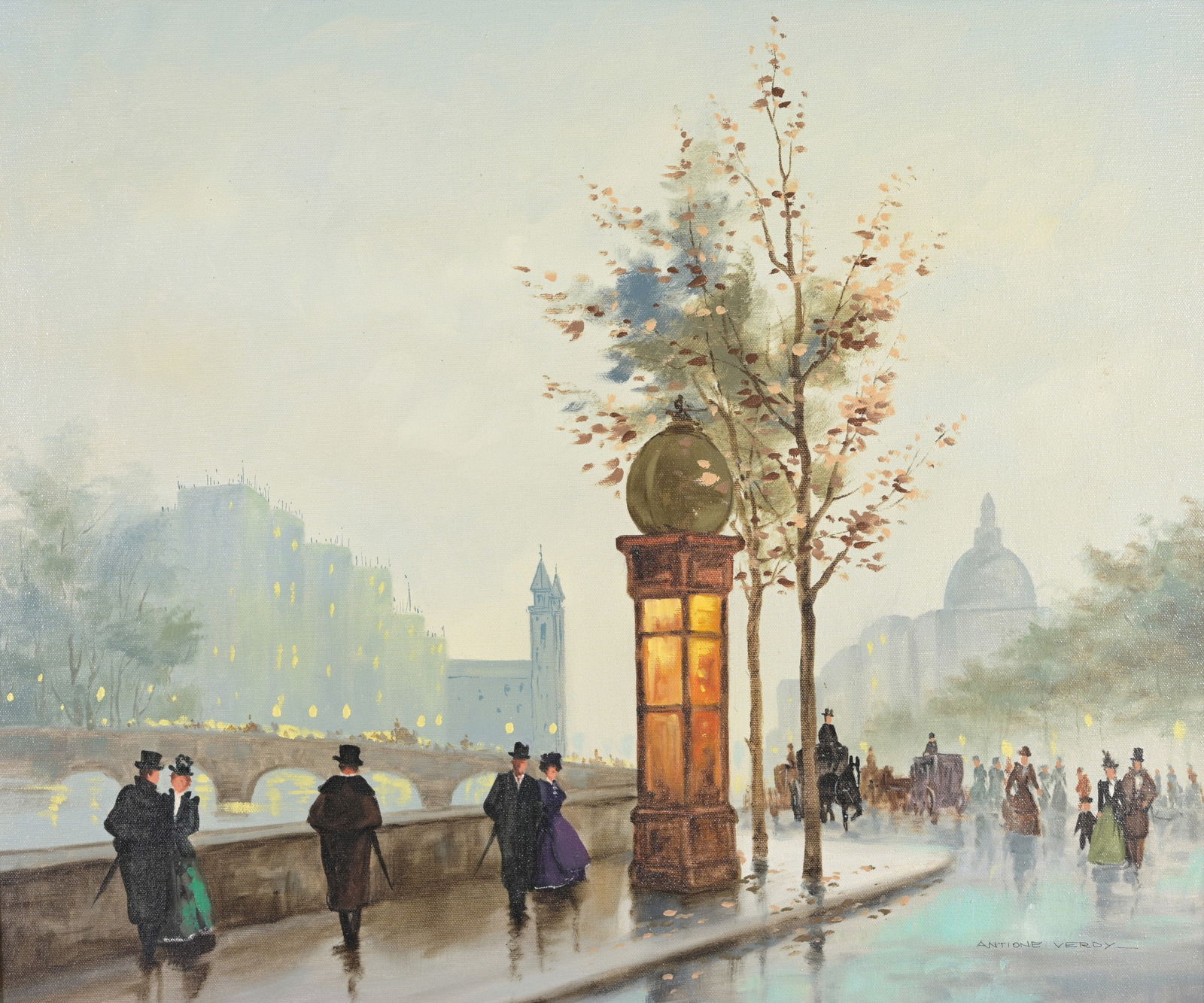 Antoine Verdy (Belgian, 20th C.): Antoine Verdy (Belgian, 20th C.) "Olden Days, Paris" Oil on Canvas. Signed lower right. Provenance: A Naples, Florida estate. Sight Size: 20 x 24 in. Overall Framed Size: 27.5 x 31.5 in. Historic land