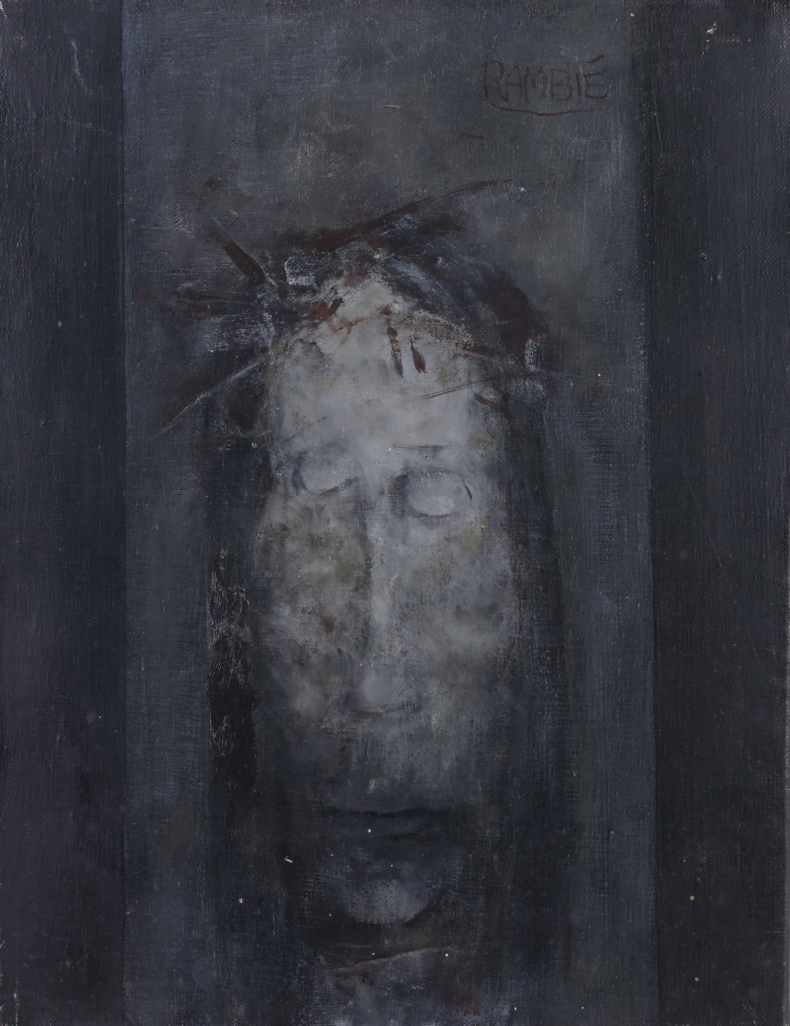 Paul Rambie (France, 1919 - 2020): Paul Rambie (France, 1919 - 2020) "Portrait of Christ" Oil on Canvas. Signed upper right. Size: 13.75 x 10.75 in. Unframed. Proceeds from the sale of this artwork benefits the Albin Polasek Museum & S