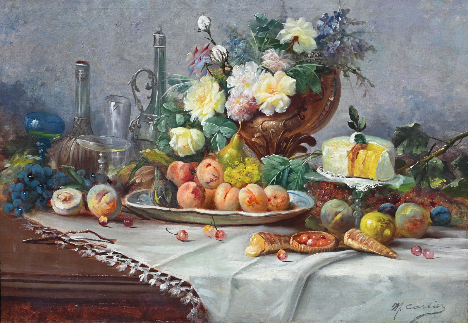 Max Carlier (1872 - 1938): Max Carlier (French, 1872 - 1938) Fruit Still Life Oil on Canvas. Signed lower right. Having wax reline. Sight Size: 27.5 x 39.5 in. Overall Framed Size: 33 x 44.5 in. (7)