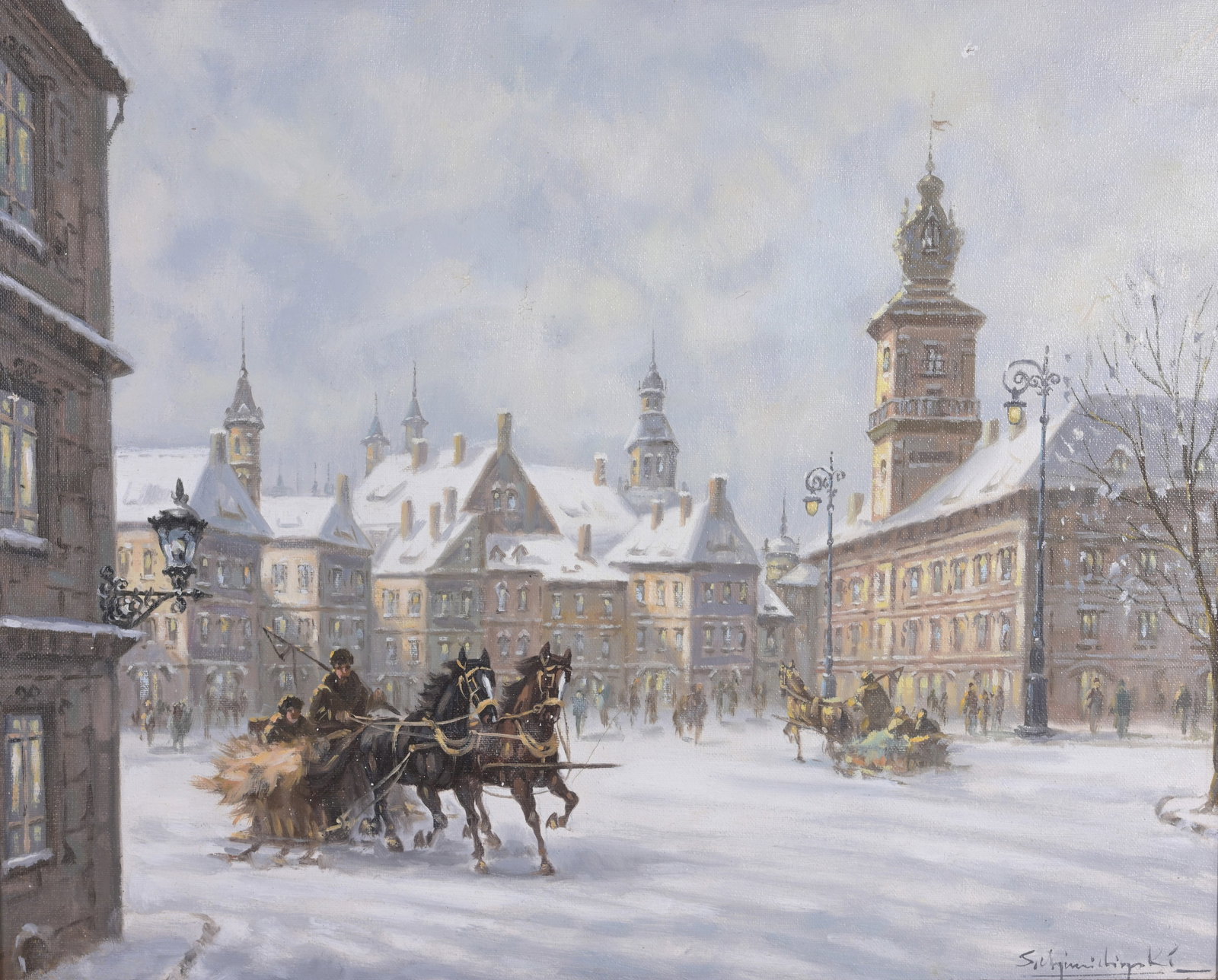 Stanislav Chimilinsky (Polish, B.1936): Stanislav Chimilinsky (Polish, B.1936) Winter village scene with horse drawn carriages. Oil on Canvas. Signed lower right. Sight Size: 16 x 20 in. Overall Framed Size: 22.5 x 26.5 in.