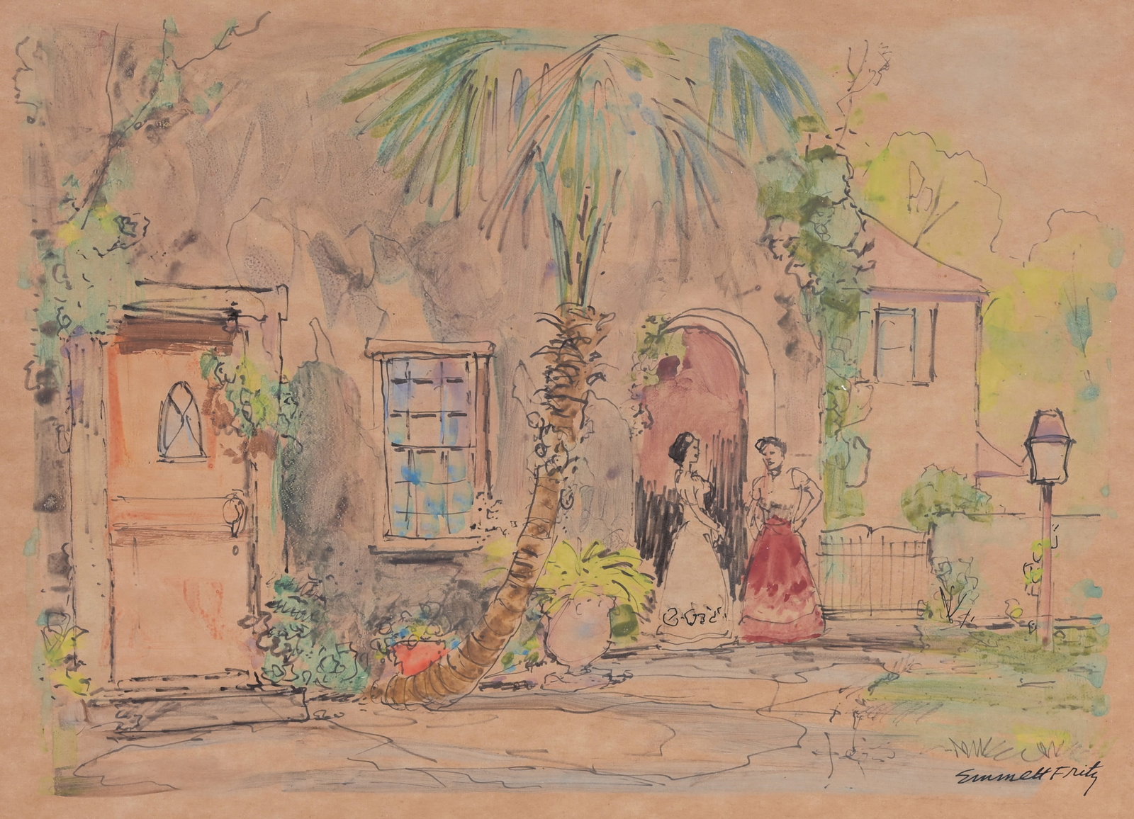 Emmett Fritz (1917 - 1995): Emmett John Fritz (Florida, 1917 - 1995) Watercolor & Gouache on Paper. Signed lower right. Image Size: 9.75 x 13.5 in. Overall Framed Size: 15 x 19 in. Framed behind glass.