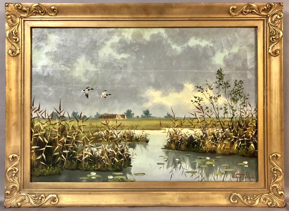 Svend Jensen (Danish, 1947 - 2000): Svend Jensen (Danish, 1947 - 2000) Marsh landscape with Ducks Landing Oil on Canvas. Signed lower right. Sight Size: 18 x 26 in.