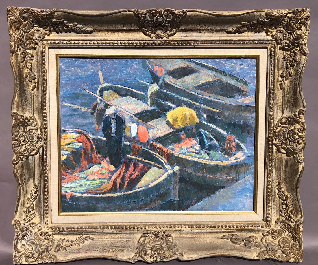 Jose Fabri-Conti (French, 1910-1994): Jose Fabri-Conti (French, 1910-1994) Three boats and a figure Oil on Canvas. Signed on the frame verso. Sight Size: 16 x 20 in.