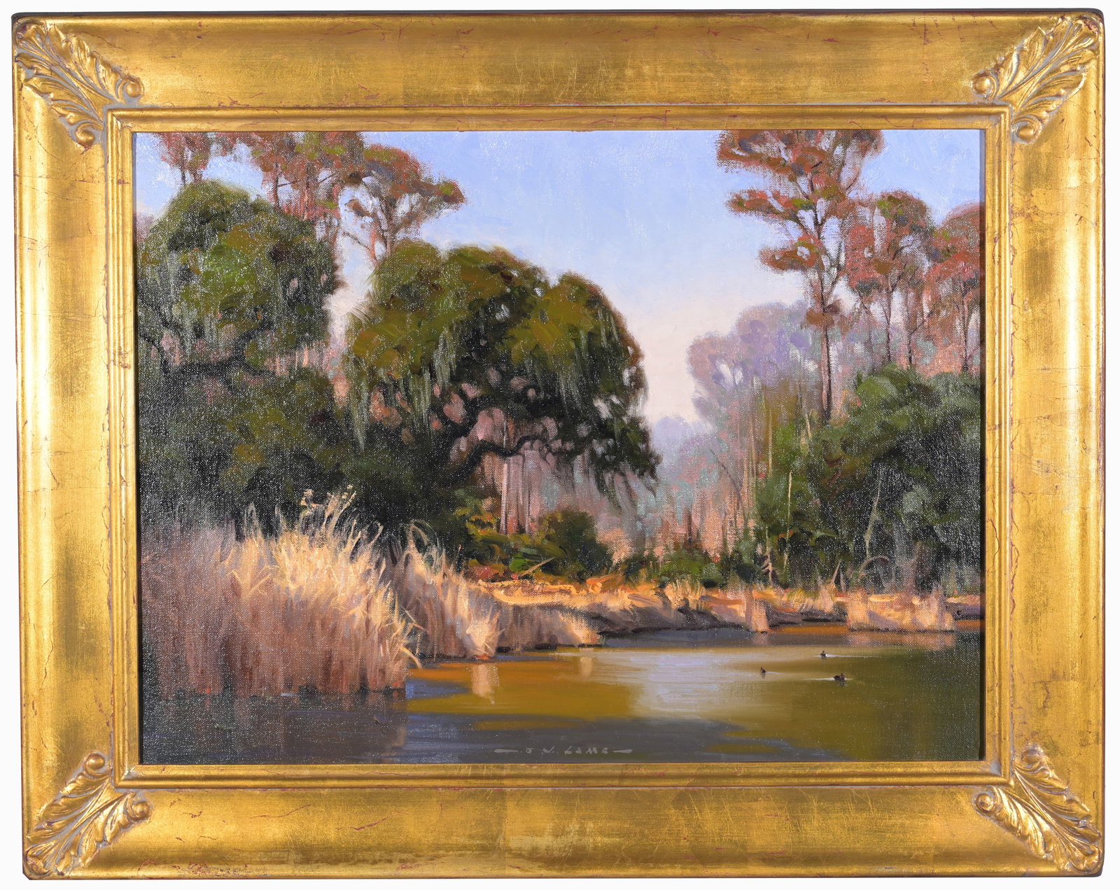Jim Lamb (American, B. 1946) "Warm Southern Light": Jim Lamb (Washington, Montana. B. 1946) "Warm Southern Light" Oil on canvas. Signed lower center. With exhibition pamphlet attached verso. Sight Size: 17.5 x 23 in. Overall Framed Size: 24 x 30 in. - 
