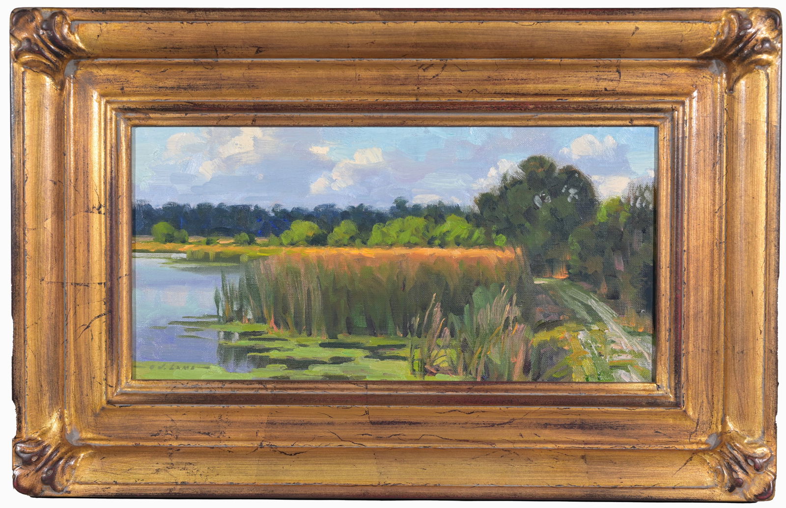 Jim Lamb (Born 1946) "Sunbreaks and Shadows": Jim Lamb (Washington, Montana, Born 1946) "Sunbreaks and Shadows". Oil on linen. Signed in lower portion. Original gallery labels verso. Sight Size: 7 x 14 in. Overall Framed Size: 12 x 19 in. - Prove