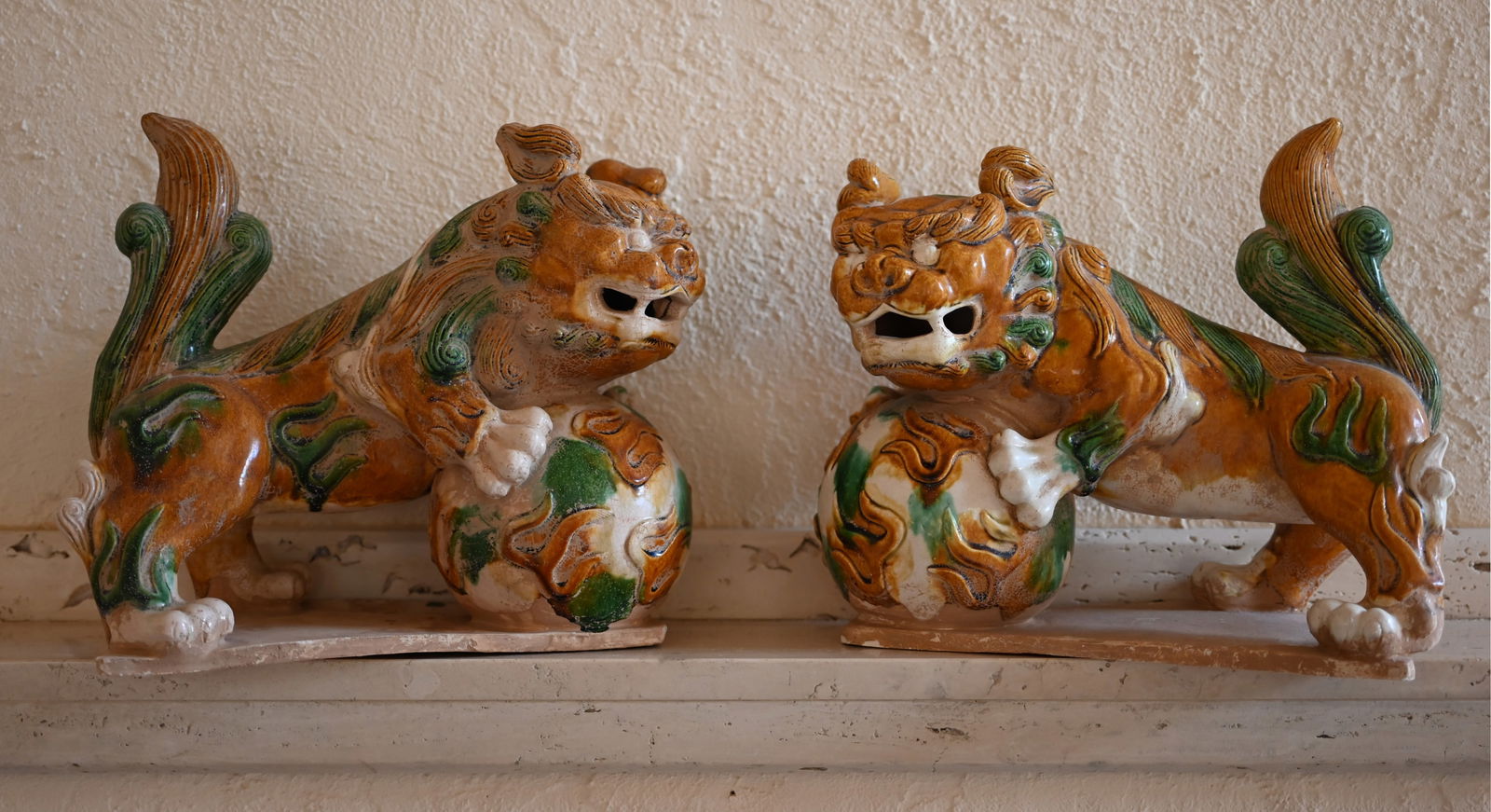 Pair of Chinese Sancai Glazed Ceramic Foo Dogs (1 of 6)