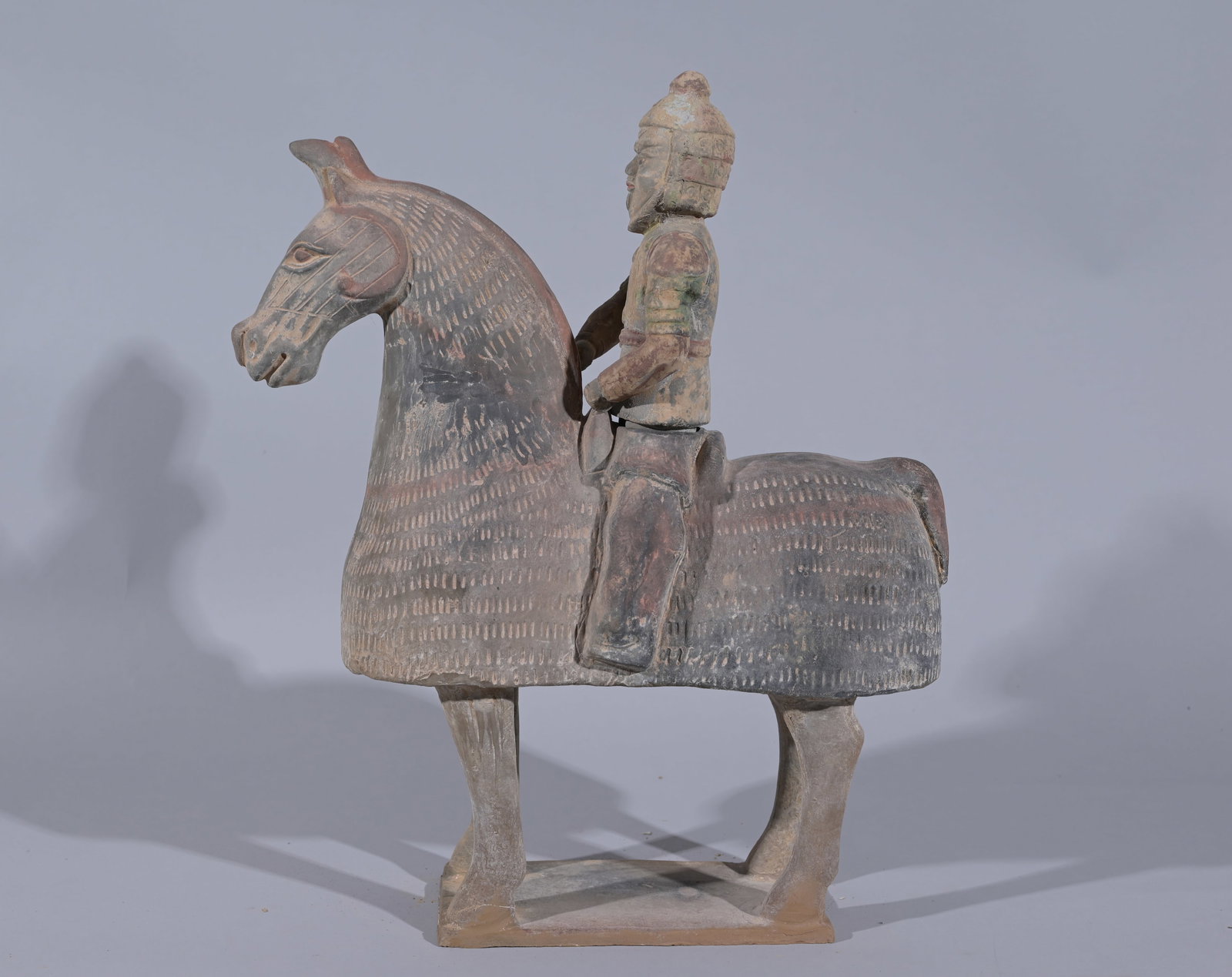 Chinese Pottery Figure of Man on Horse: Chinese Pottery Figure of Man on Horse. Age-Unknown. Height: 16.5 in. - Provenance: this item comes from the private collection of Lou A. and Barbara B. Pritchett. Lou Pritchett was the ex-Vice Presid