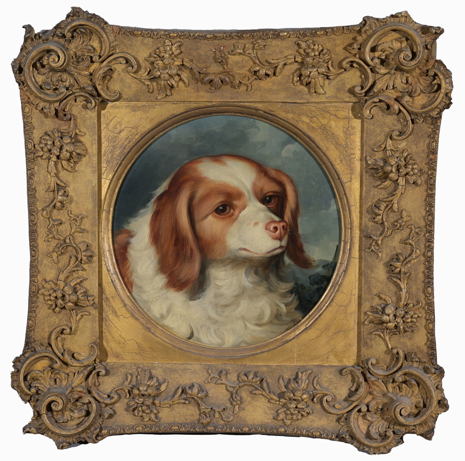 Manner of George Stubbs (1726-1806): Manner of George Stubbs (1726-1806) A red and white spaniel in a landscape. Oil on canvas. Appears to be unsigned, has not been examined outside of frame. Sight Size: 11.5 x 10.5 in. Overall Framed Si
