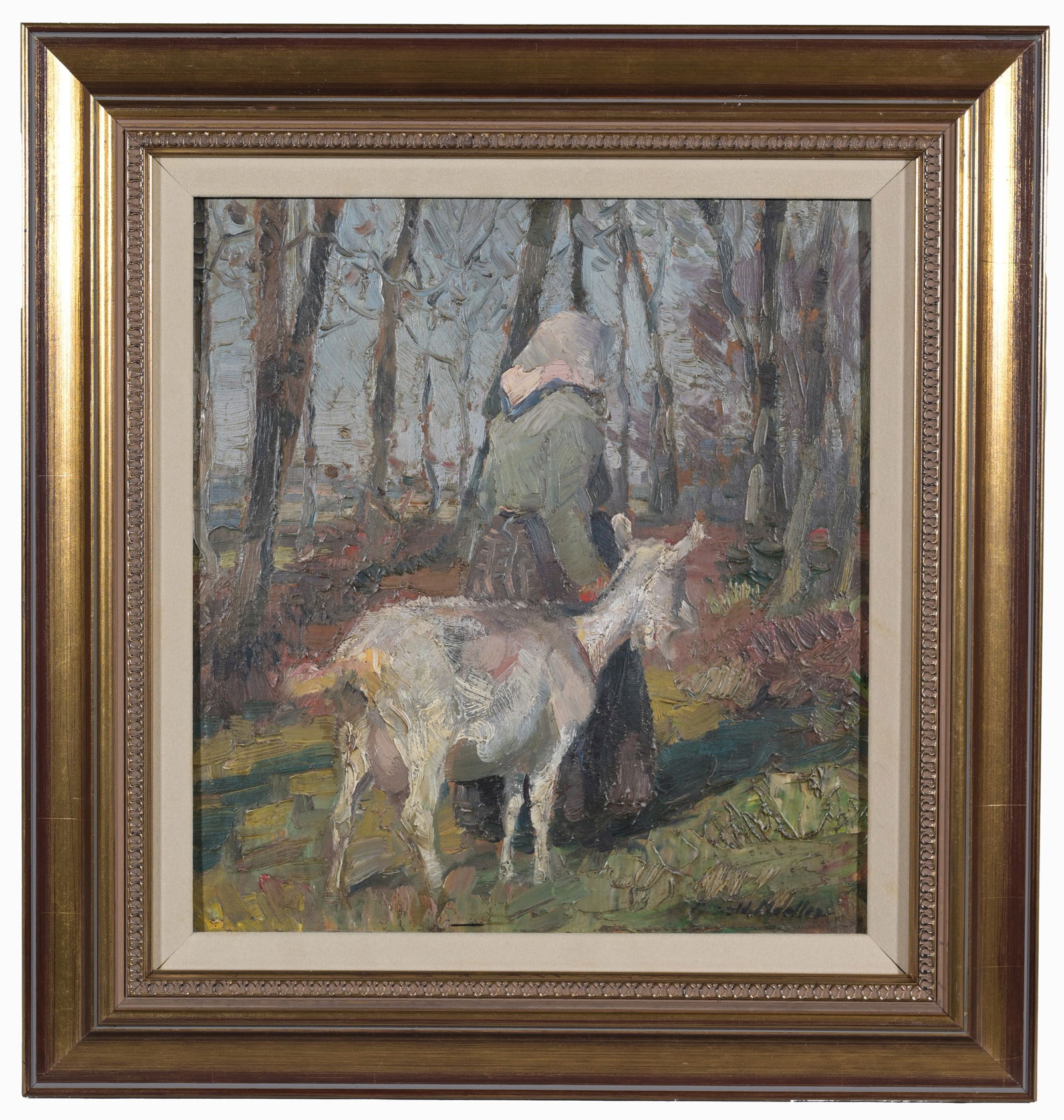 Arnold Moeller (1886 - 1963): Arnold Moeller (Germany, 1886 - 1963) Painting of a woman and a goat in a wooded landscape. Oil on board. Signed lower right. Sight Size: 12 x 10.5 in. Overall Framed Size: 16 x 15.5 in. - Provenance: