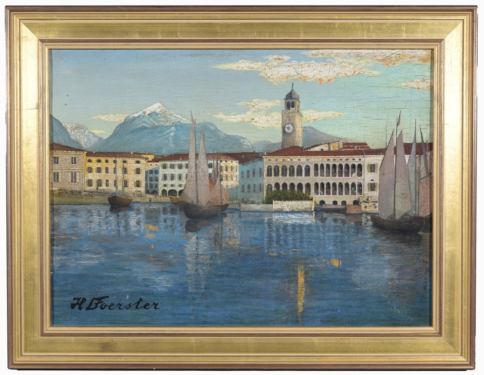 Antique European School Harbor Scene: Antique European School Harbor Scene Signed lower left. Oil on canvas. Sight Size: 13 x 18 in. Overall Framed Size: 17 x 22 in. - Provenance: this item comes from the private collection of Lou A. and 