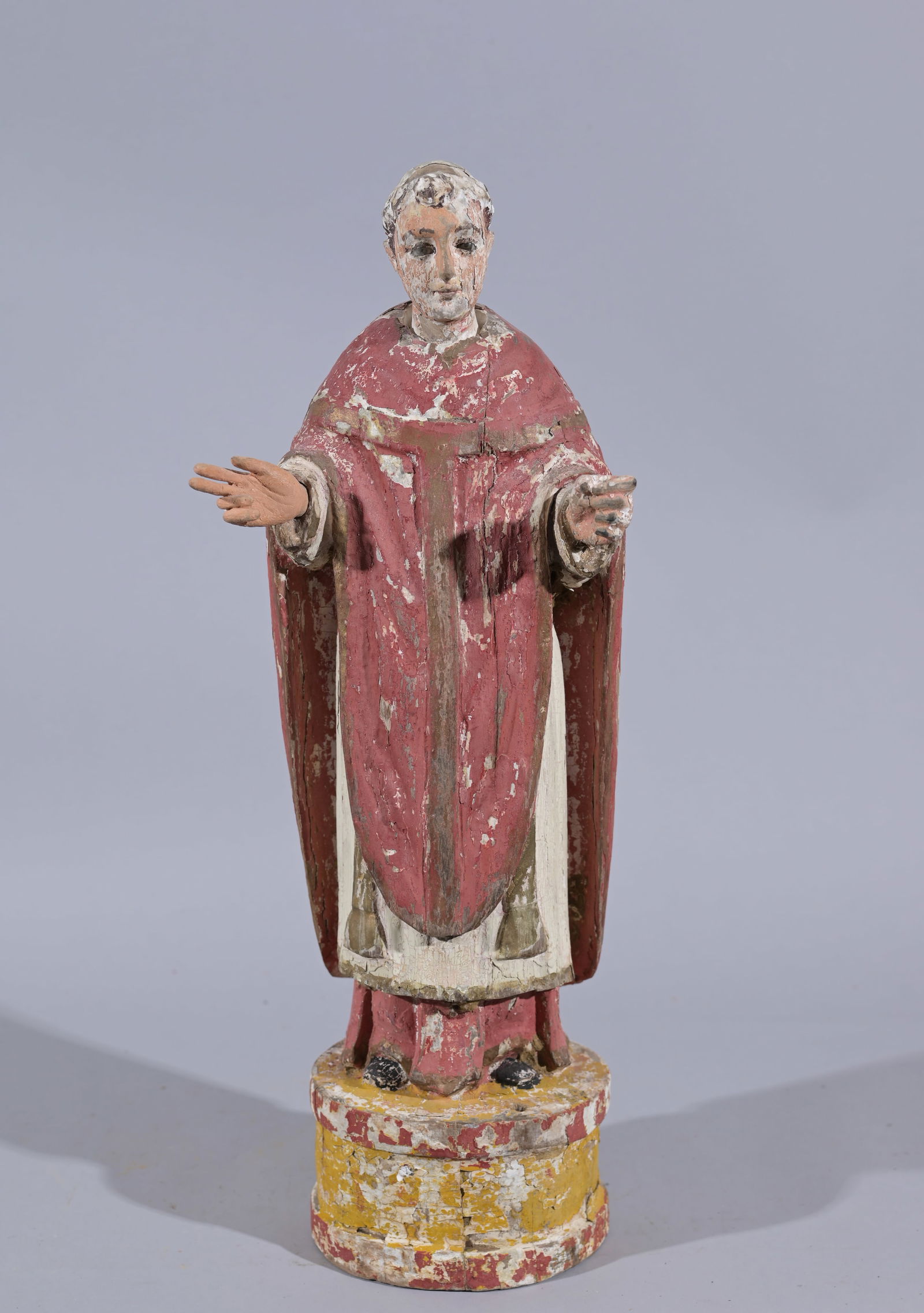 Antique Carved Spanish Santos, St. Thomas: Antique Carved Spanish Santos, St. Thomas. With original polychrome paint throughout. Santos having glass eyes. Height: 19.5 in. - Provenance: this item comes from the private collection of Lou A. and