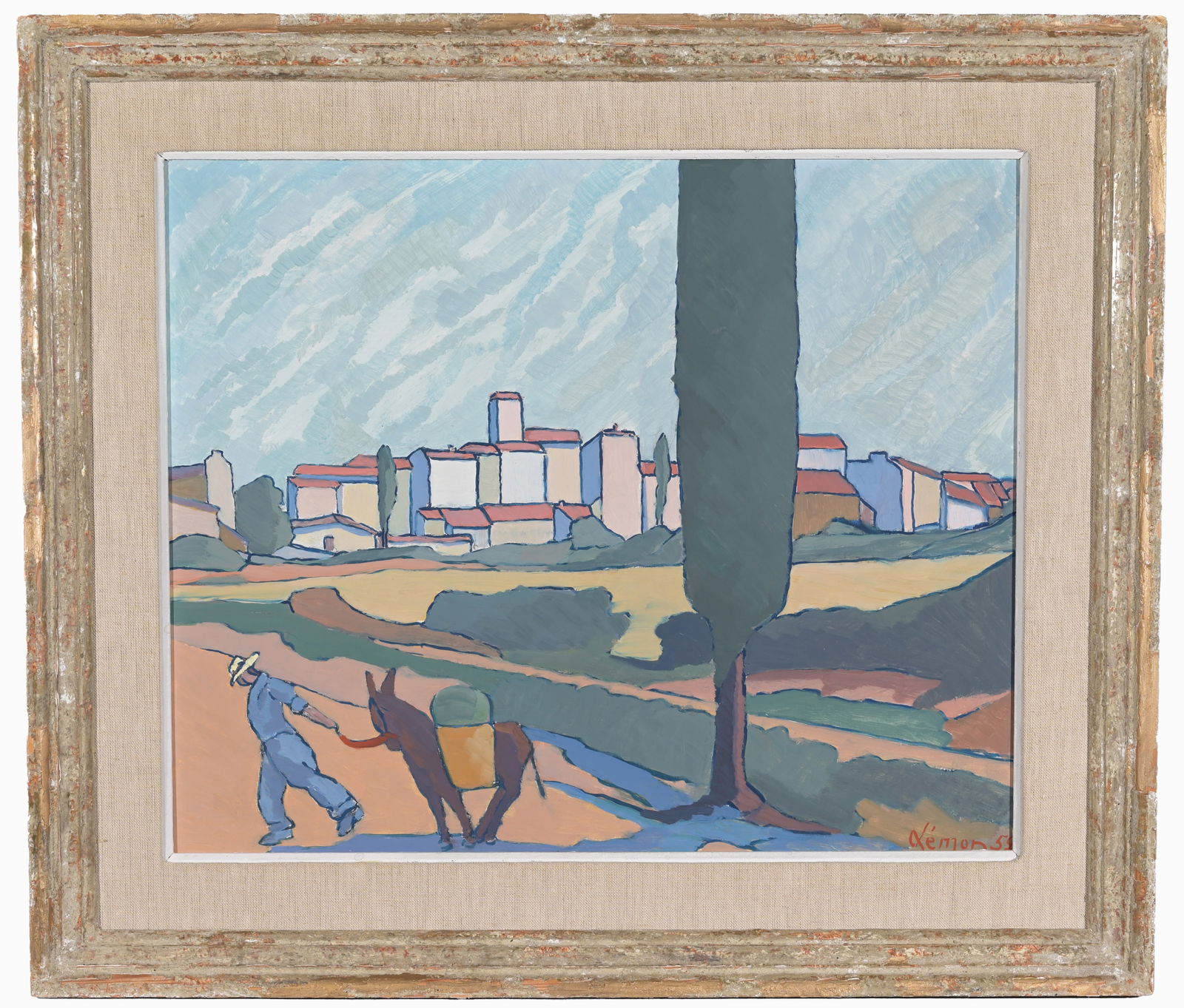 1953 European School Painting of a Village: 1953 European School Painting of a Village. Signed and dated lower right. Oil on board. Sight Size: 15 x 18 in. Overall Framed Size: 20 x 23 in. - Provenance: this item comes from the private collecti