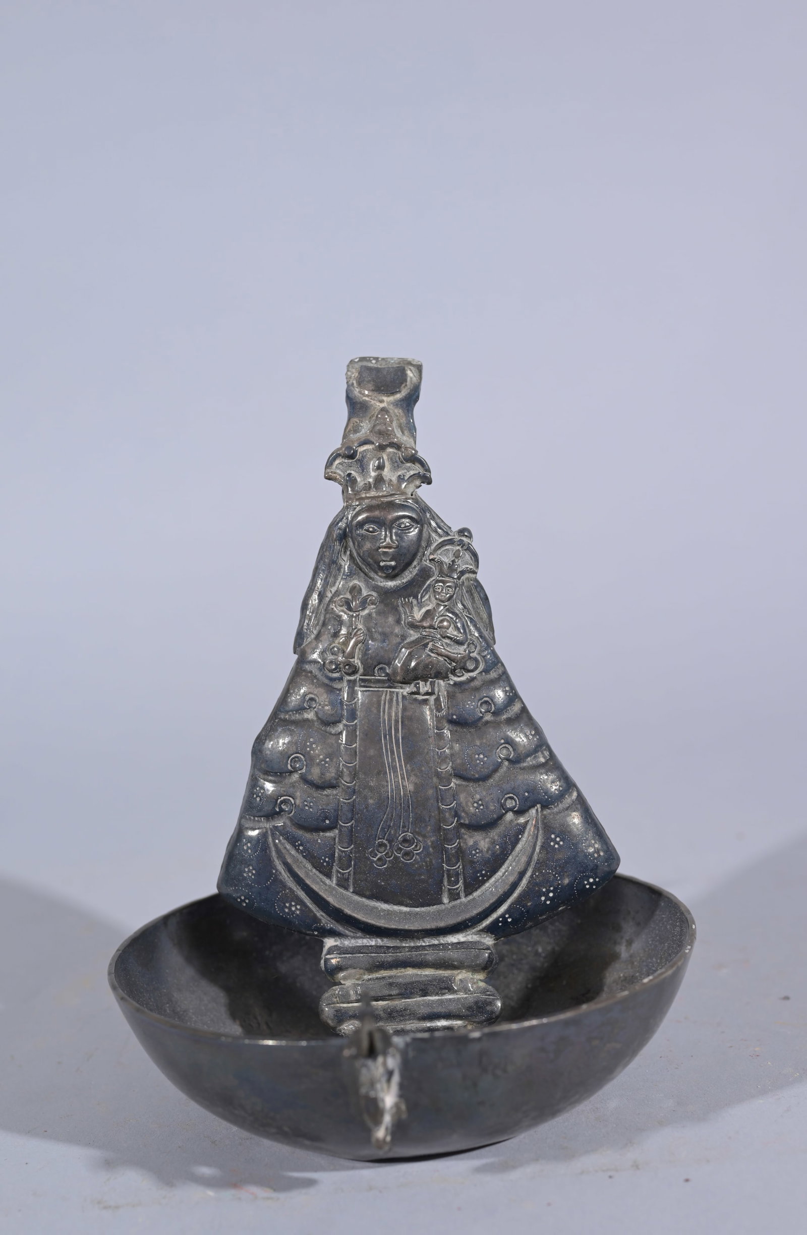 Antique European Silver Figural Dish: Antique European Silver Figural Dish Depicting a Saint. Appears unmarked. Height: 6.5 in. - Provenance: this item comes from the private collection of Lou A. and Barbara B. Pritchett. Lou Pritchett wa