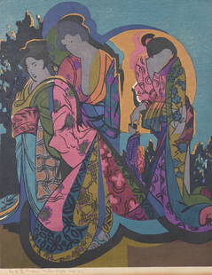 Stanton MacDonald-Wright (American, 1890 - 1973): Stanton MacDonald-Wright (American, 1890 - 1973) "No Matter What We Wear, We are Beautiful When Moon Viewing" Woodcut in Color on Japan Paper. Inscribed (No. 19, 19/50 Chiyoni-Stanton-Kyoto 1966-'67)