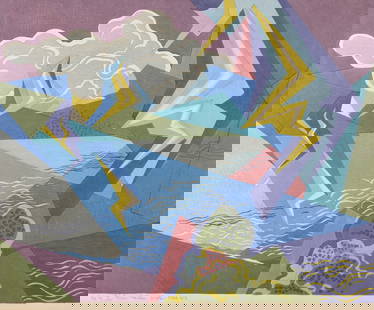 Stanton MacDonald-Wright (American, 1890 - 1973): Stanton MacDonald-Wright (American, 1890 - 1973) "Stony River rippling, lightning flickering" Woodcut in Color on Japan Paper. Inscribed (No. 14, 19/50 Issa-Stanton-Kyoto 1966-'67) lower left. From Ha