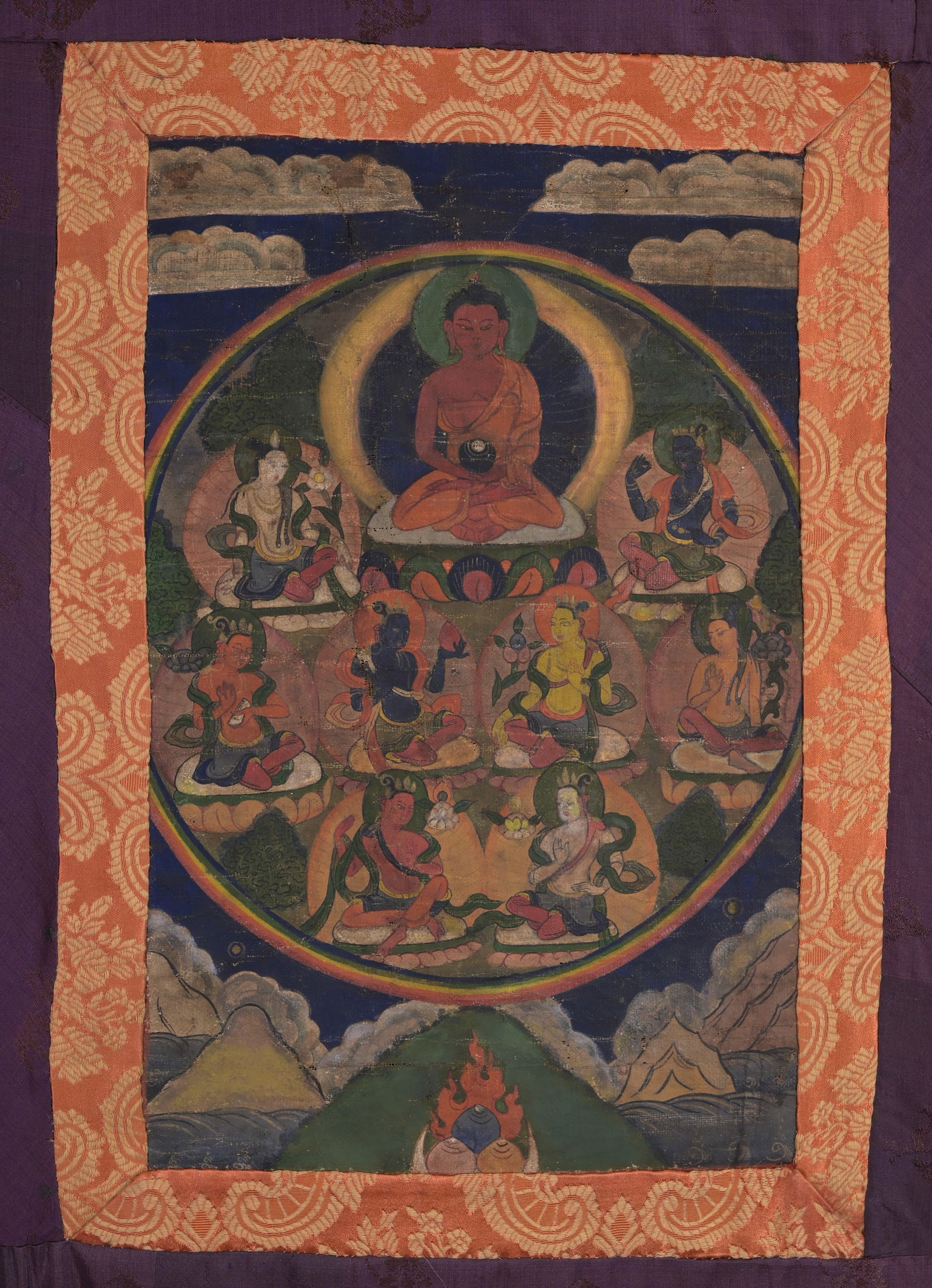 Antique Tibetan Thangka, Signed: Antique Tibetan Thangka, Inscribed verso. Hand painted on silk. Provenance: From the estate of Francis Luis Mora (1874 - 1940). Image Size: 13.25 x 8.5 in. Overall Hanging Size: 28.5 x 17.75 in.