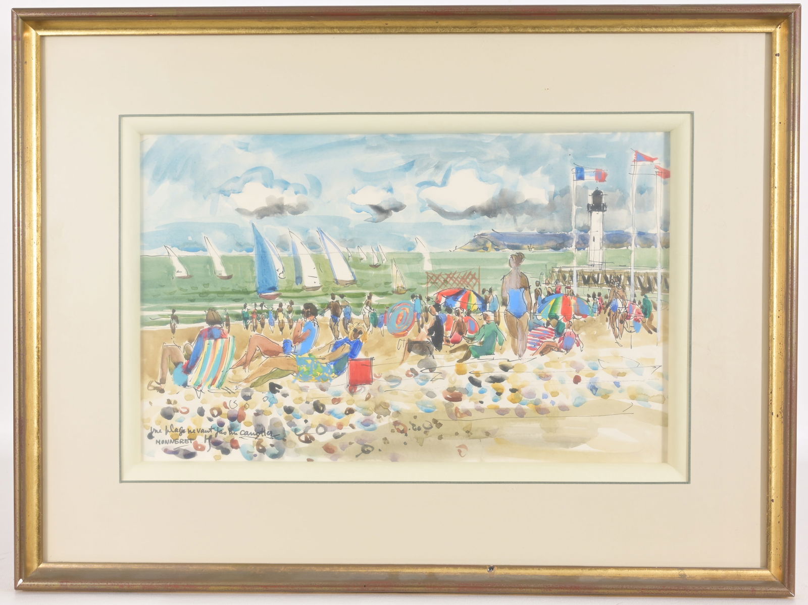 Jean Monneret (French, B. 1922): Jean Monneret (French, B. 1922) Watercolor. Signed and inscribed lower left. Sight Size: 9.5 x 15.5 in. Overall Framed Size: 17 x 22.5 in. Framed behind glass.