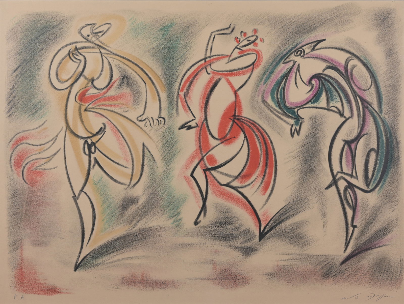 Andre Masson (French, 1896 - 1987) "Ballet": Andre Masson (French, 1896 - 1987) "Ballet" Color Lithograph. Pencil signed and inscribed (E.A) lower margin. Image Size: 18 x 24 in. Overall Framed Size: 21 x 27 in. Framed behind glass.