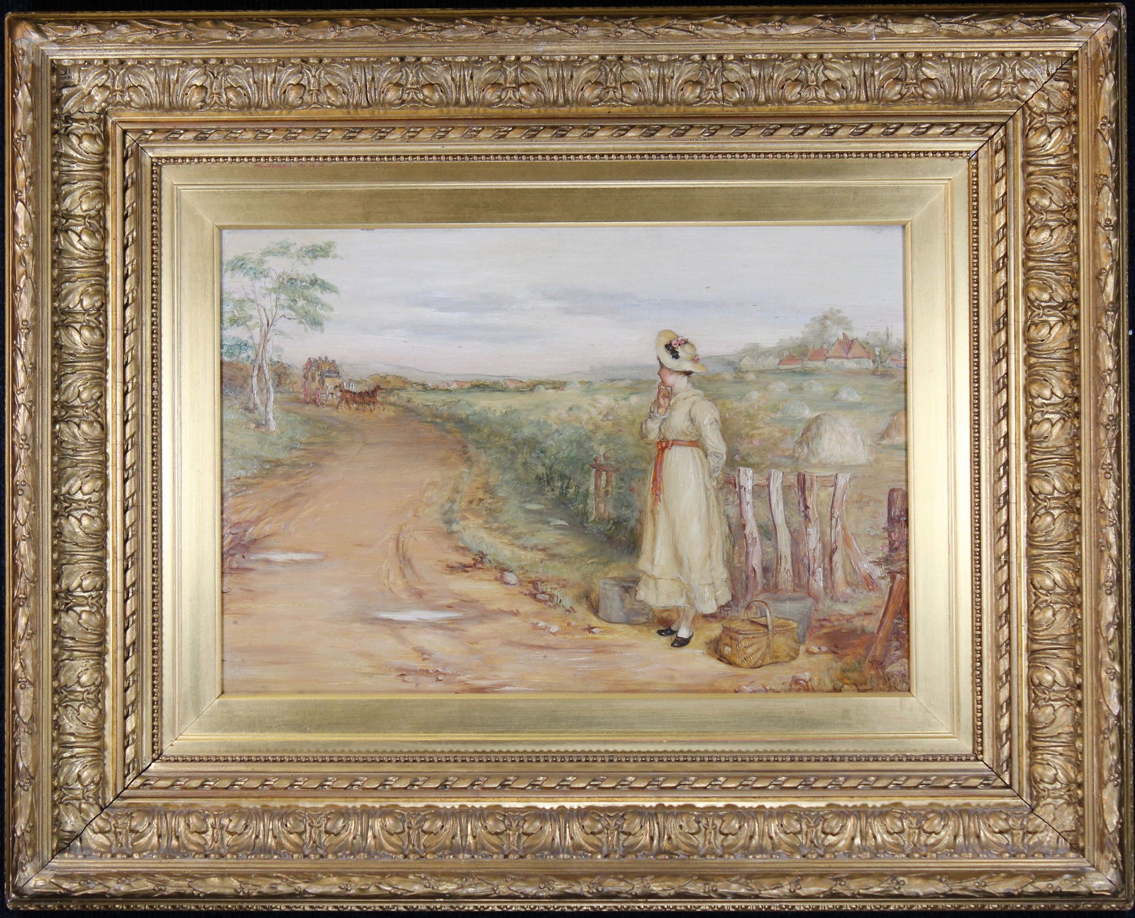 George Hay (1831 - 1913) "Waiting by the Roadside": George Hay (UK, 1831 - 1913) "Waiting by the Roadside" Oil on Canvas. Signed lower right. Housed in a gilt exhibition frame. Sight Size: 11.5 x 17 in. Overall Framed Size: 22.25 x 28 in.
