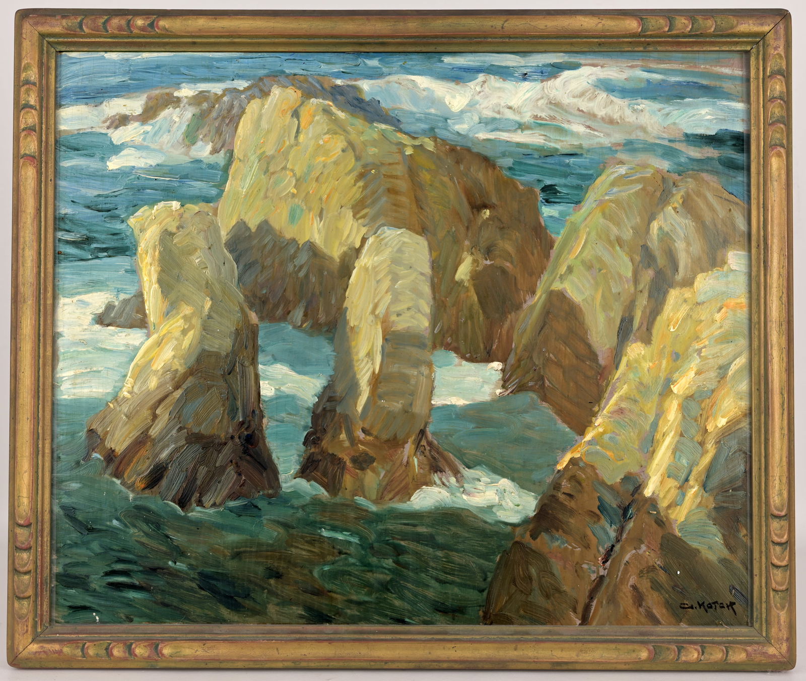 George Joseph Koch (CA, NJ 1884-1951): George Joseph Koch (CA, NJ 1884-1951) California impressionist coastal painting. Oil on board. Signed lower right. Housed in likely the original frame. Sight size 20 x 24 inches.Overall framed size: 2