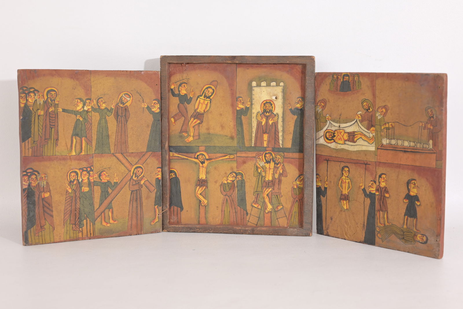 Antique Greek Triptych Icon: Antique Handpainted Greek Triptych Icon. Oil/Tempera on Board. Provenance: From the deceased estate of Dr. John Schaeffer (Orlando, Florida). Height: 9.5 in (closed). Width: 8 in (closed).